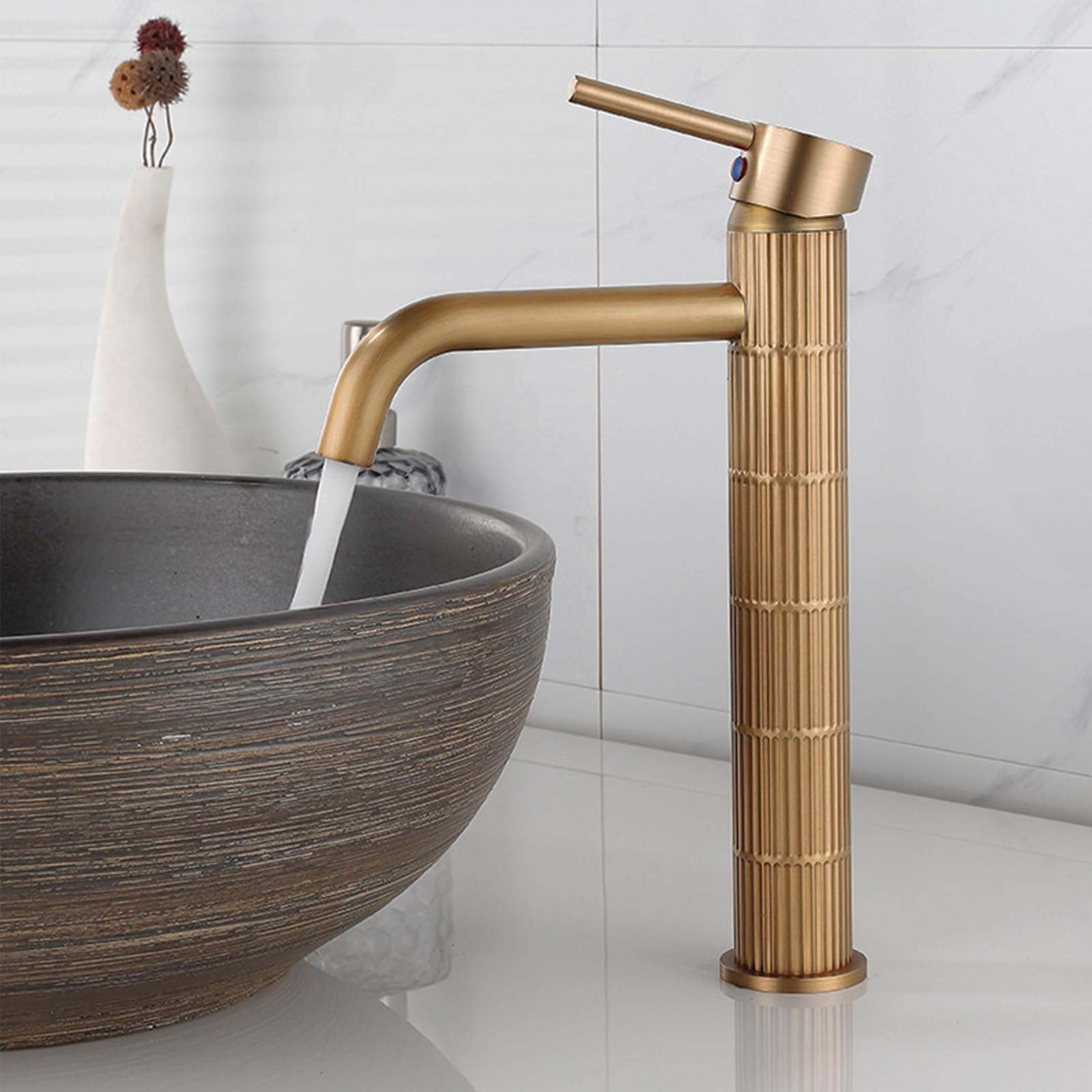 Grifo de lavabo alto monomando con cuerpo de latón, mezclador para lavabo sobre encimera, acabado vintage cepillado, cartucho cerámico (Bronce cepillado, Alto) — view 8