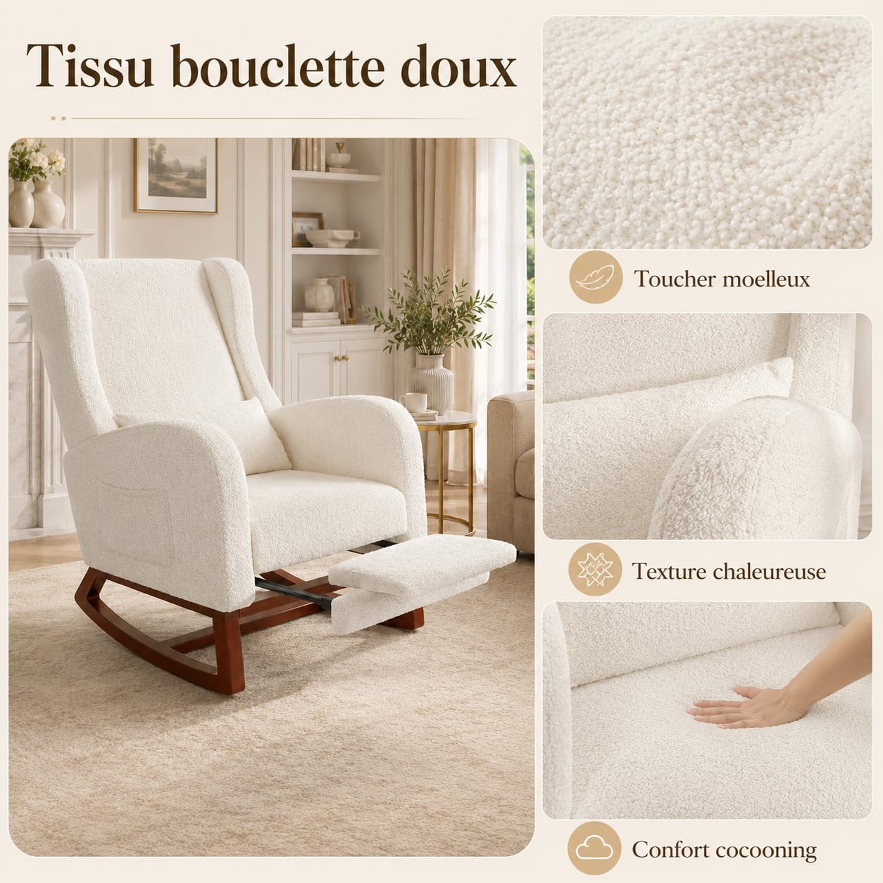 Fauteuil à Bascule avec Repose-Pieds, Chaise à Bascule Fauteuil Relax a BascuLes Coussin Lombaire Rocking Chair avec Poche Latérale et Accoudoirs Chaise Bascules Chambre (Sherpa, Blanc cassé)