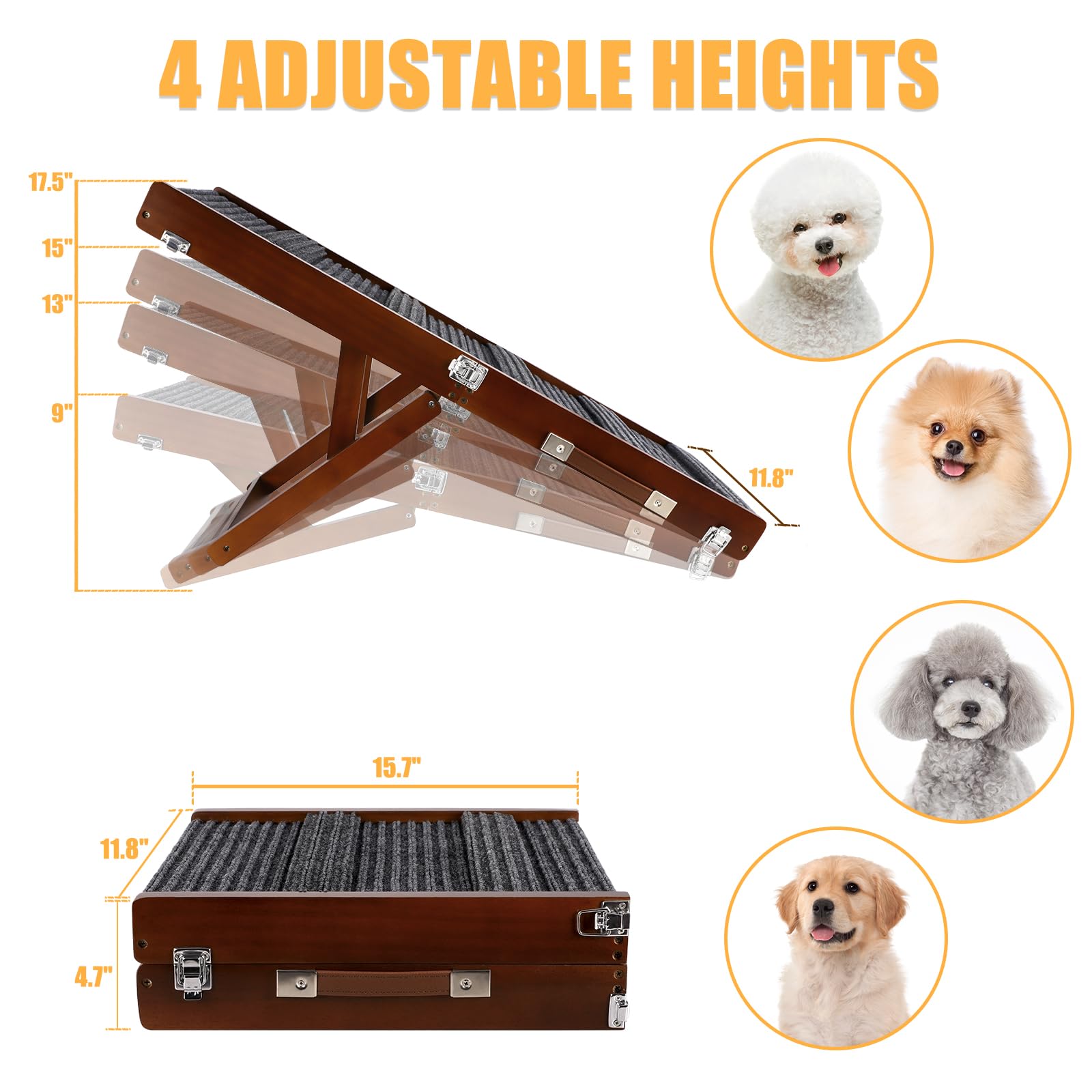 Rampe d'escalade pour chien - Réglable et portable - 81,3 cm de long - En bois marron - Avec tapis de traction antidérapant pour petits chiens - Échelle d'escalade pour canapé, lit, voiture
