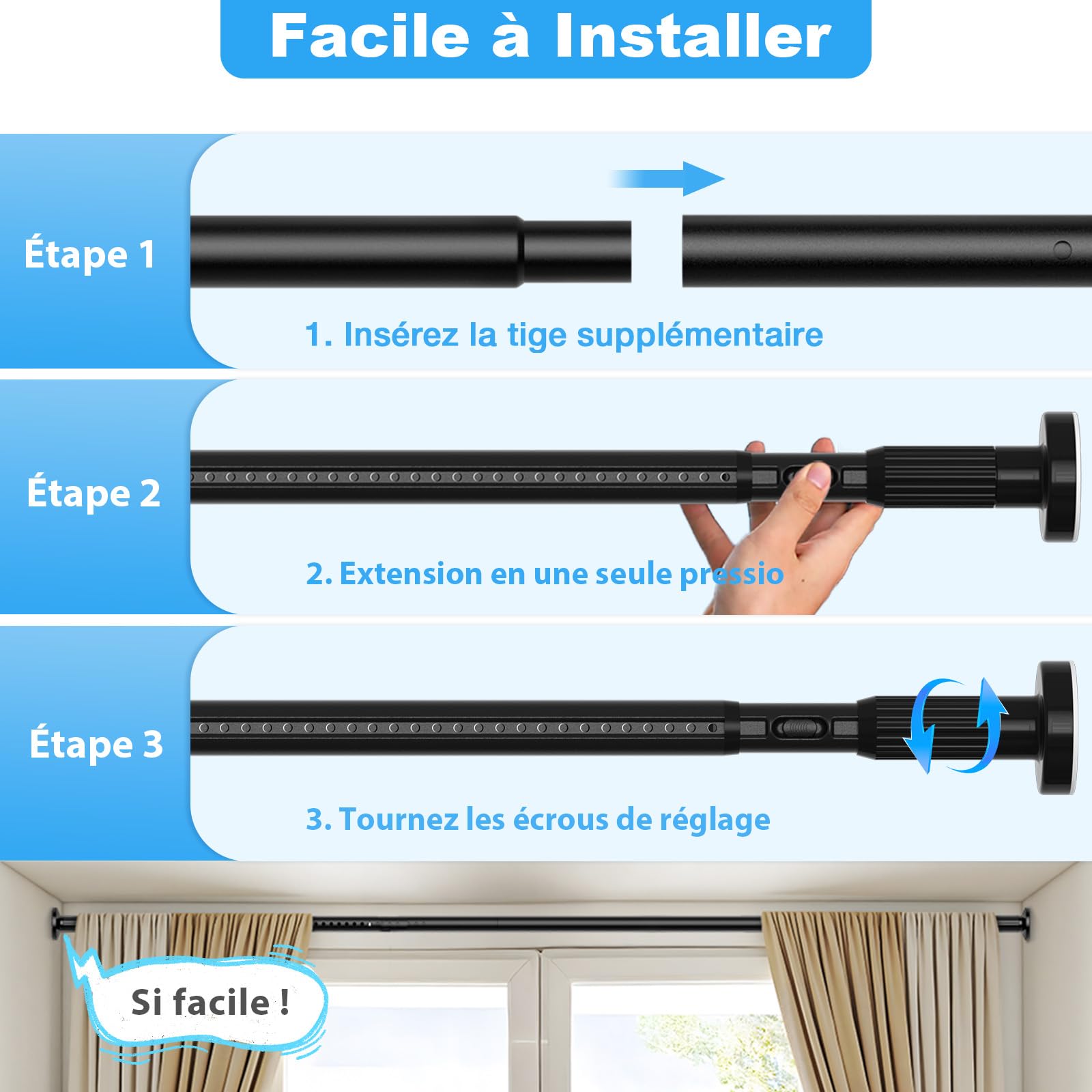 AIZESI Tringle rideau sans percage Extensible (104-422cm, Ø32mm, Noir) | Barre telescopique en acier inoxydable, adapté pour Salle de Bain Fenêtre Porte Penderie