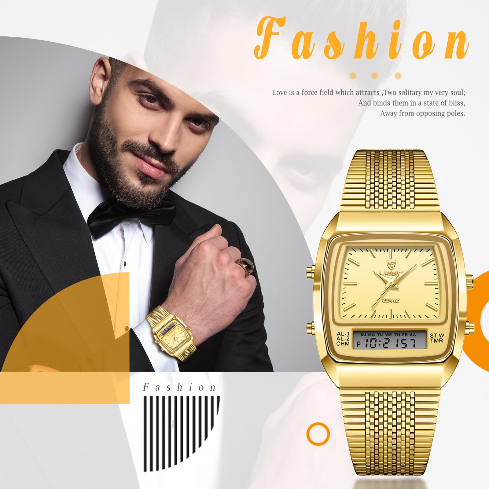 JewelryWe Zegarek męski cyfrowy kwarcowy: 2 szt. 30 m wodoszczelny analogowy zegarek na rękę zegarek cyfrowy męski złoty stal szlachetna bransoletka chronograf zegarek z prostokątnym cyferblatem,