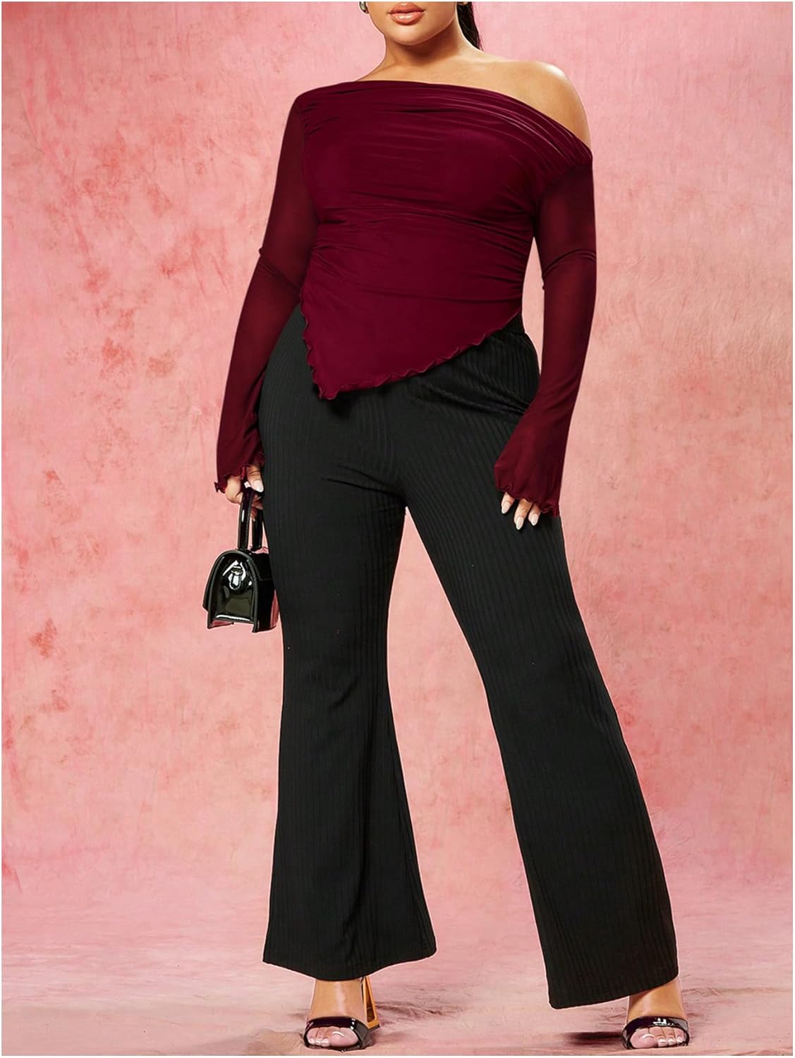 WDIRARA Women's Plus Size Off Shoulder Mesh Ruched Asymmetrical Long Sleeve Tops T Shirt - Image 5