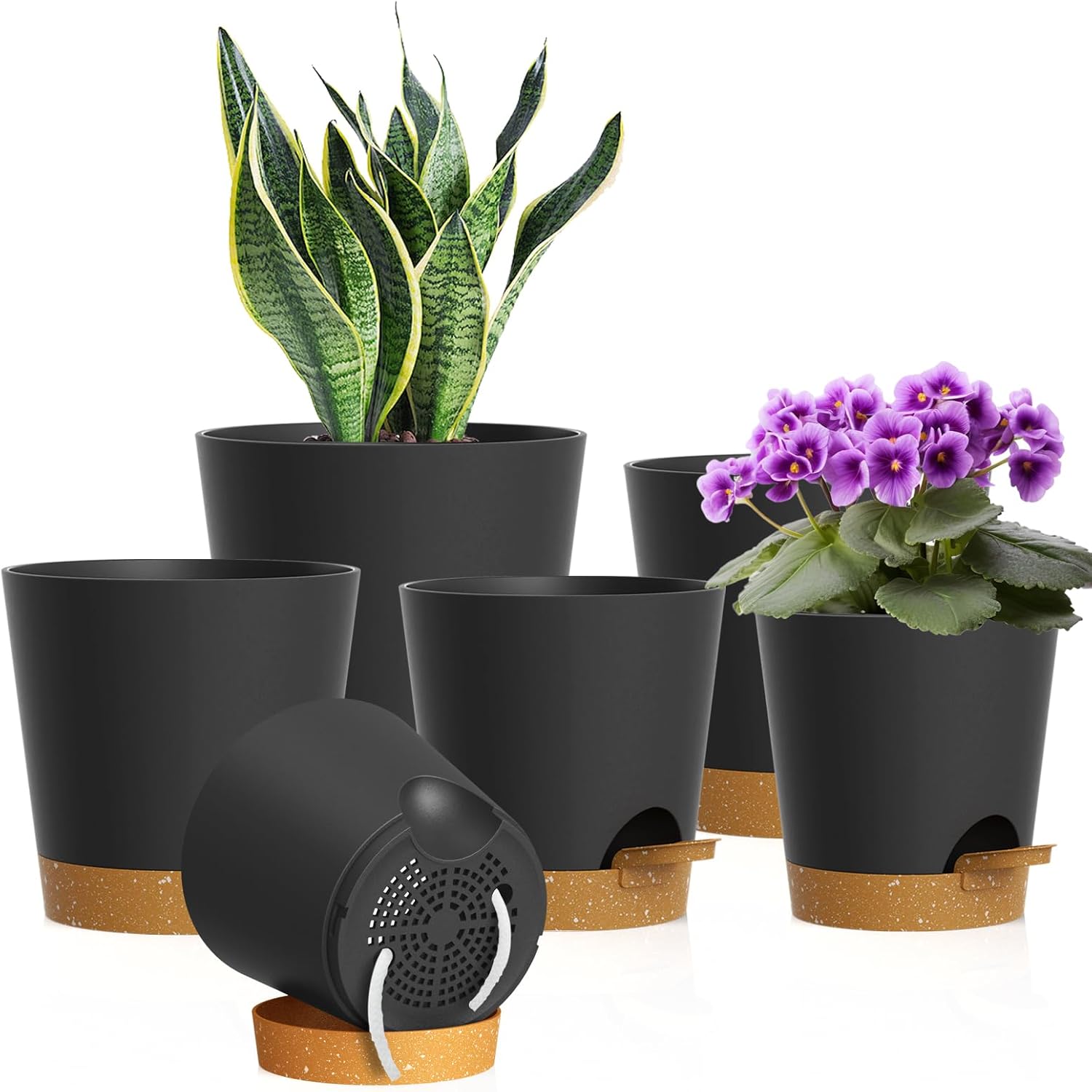 WSMKSZ 7/6.5/6/5.5/5/4 inch Self Watering Pots for Indoor Outdoor Plants, 6 Pack Plastic Flower Planters with Drainage Holes and Removable Saucers, Plant Pots with Wicking Rope, Black Brown