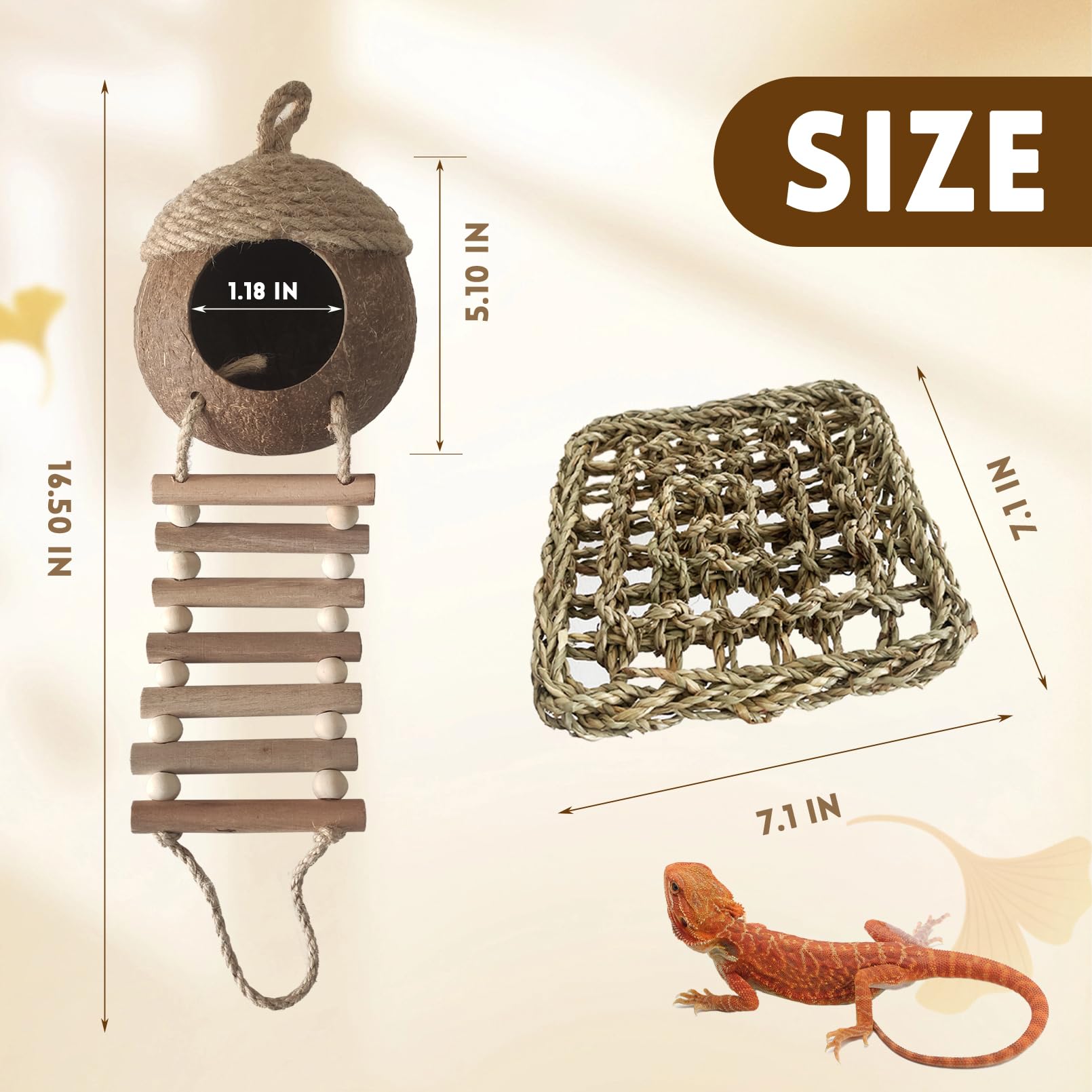 Lizard Coco Den con escalera, 5 piezas de accesorios de tanque de geco de leopardo, plantas de terrario de reptiles, hamaca, cabaña de coco, decoración de reptiles para gecko crestado, dragón