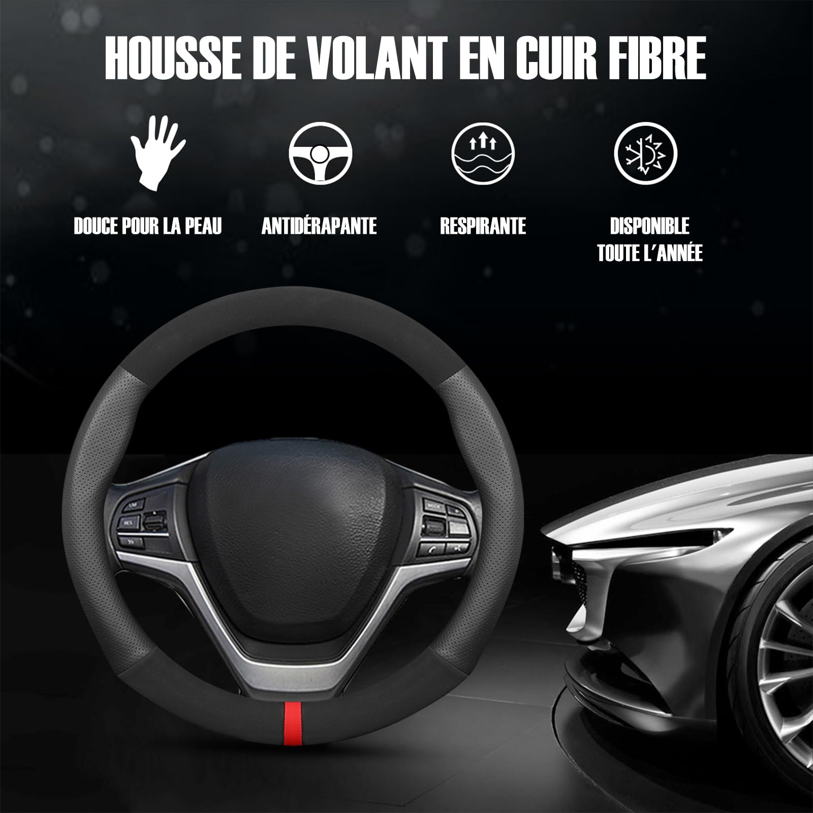 Ergocar Couvre Volant de Voiture Cuir Microfibre et Cuir PU Sport Volant Protecteur Antidérapant pour Diamètre 38cm(15 ") (D-Noir-F)
