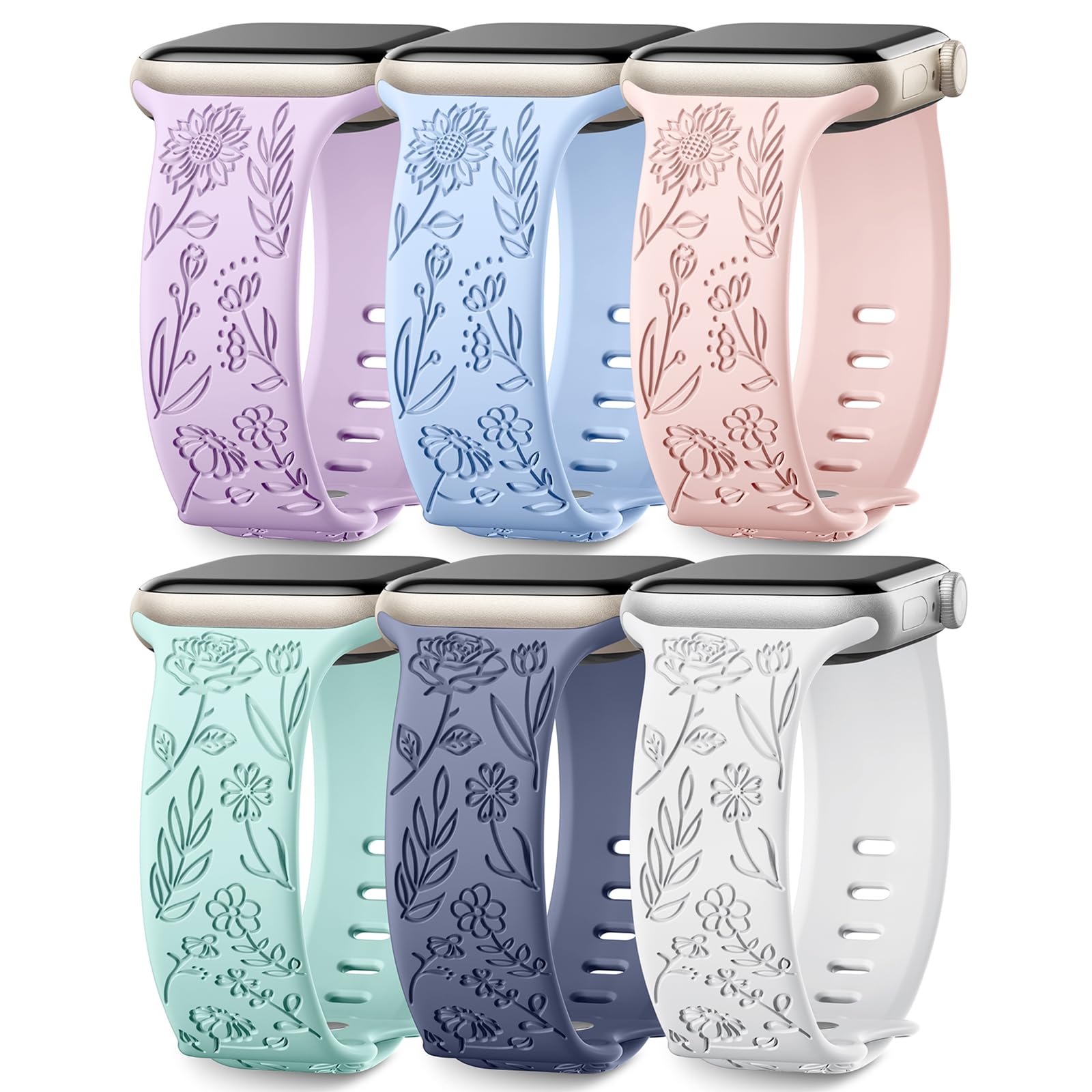 SNBLK 6 Pack Floral Engraved Bands Compatible with Apple Watch Bands 40mm 41mm 42mm 38mm 44mm 45mm 46mm 49mm Women Men, Silicone Flower Pattern Strap for iWatch Series 11 10 Se Ultra 9 8 7 6 5 4 3 2 1