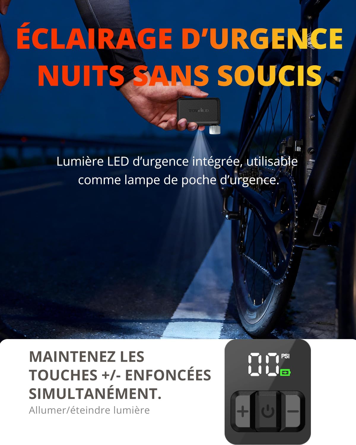 TOWILD A15 Bomba de Bicicleta Eléctrica 150PSI, Inflador de Neumáticos Portátil con Ventilador de Refrigeración, Apagado Automático, 2×800mAh para 8 Gomas, Luz LED para Carretera y MTB
