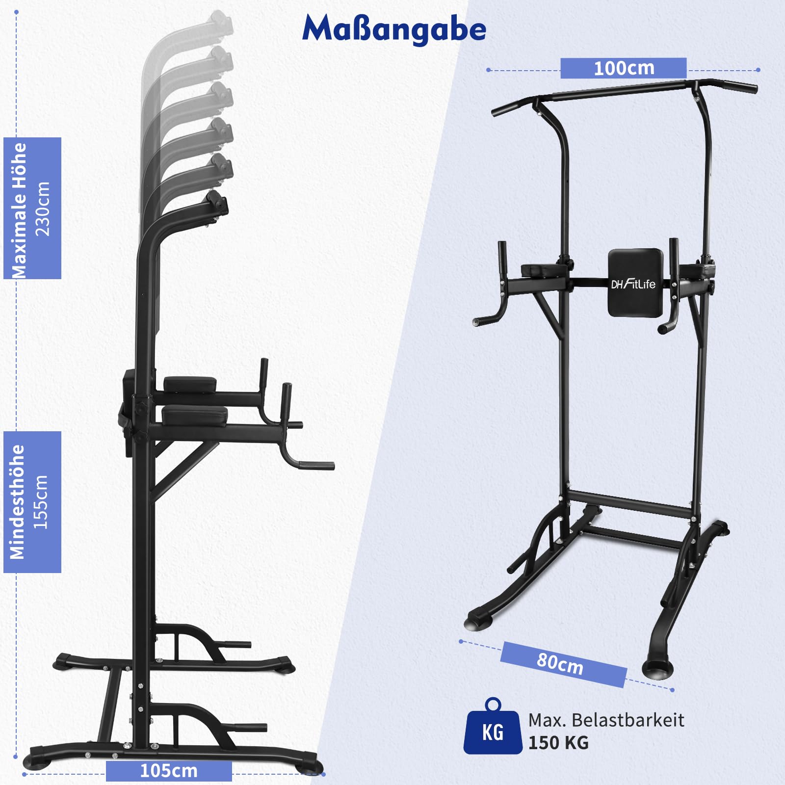 DH FitLife Power Tower Dip Station | Sport Geräte mit Klimmzugstange, Dip Barren u. Rückentrainer | Kraftstation Kraftturm | Fitness Station | Power Rack for Home Gym | Krafttraining für Zuhause