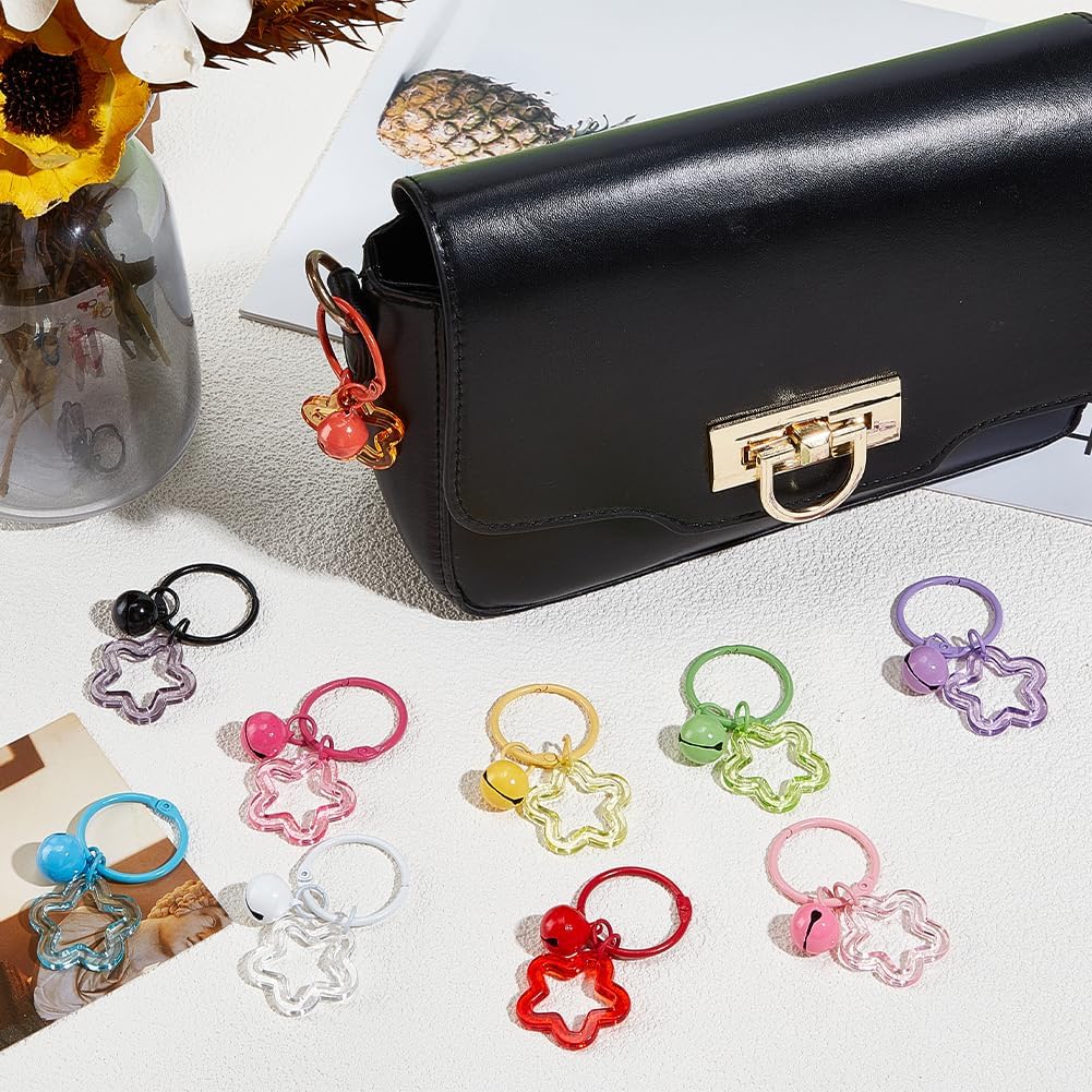Beebeecraft 20Pcs 10 Colors Acrylic Star Keychain Colorful Bell Key Ring Clasp Clip Bag Charm Key Chains for Decoration