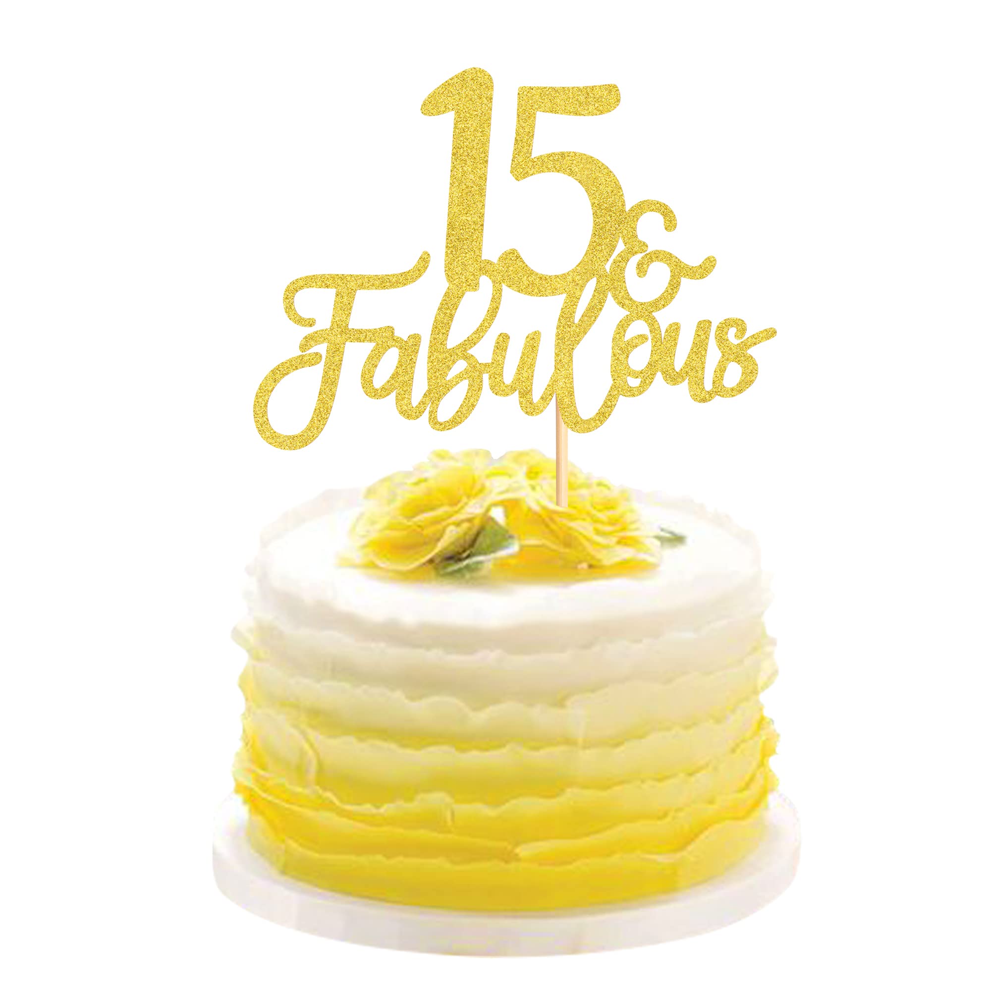 Blumomon 3 Pack 15 & Fabulous Cake Topper Gold Glitter Cheers to Happy 15th Birthday Cake Toppers Fifteen and Fabulous Cake Pick Decorations for 15th Wedding Anniversary Birthday Party Supplies