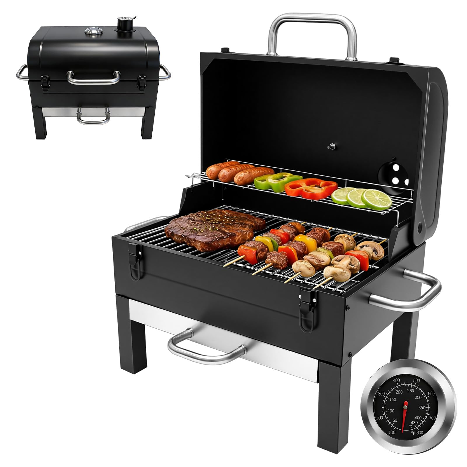 Holzkohlegrill mit Deckel und Thermometer, Grillrost 48 x 32 cm | Tragbarer Tischgrill mit Ascheschale, bbq grill für Outdoor Camping Picknick