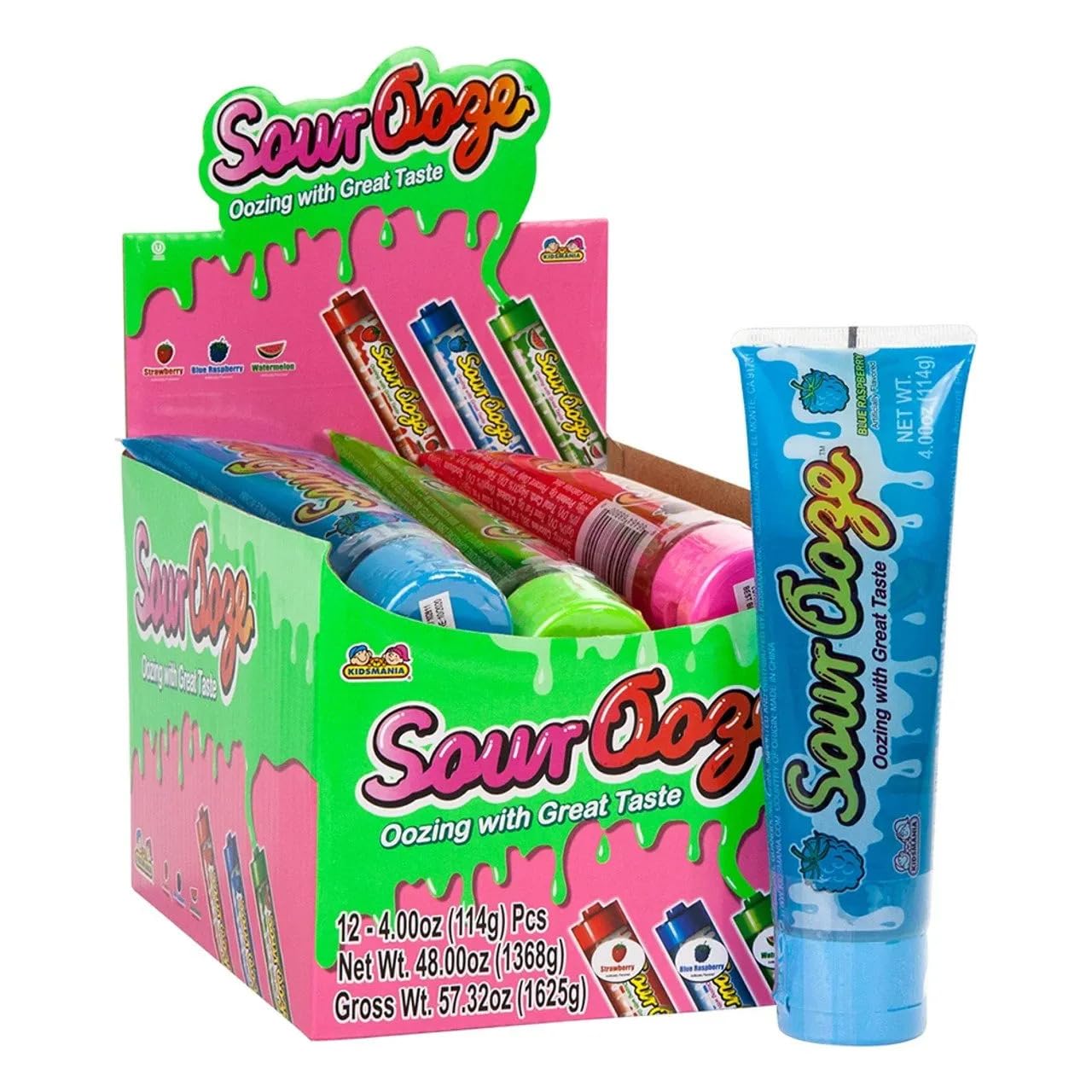 Kidsmania Sour Ooze Candy Gel – 3 Pack Assorted Flavors (Watermelon, Blue Raspberry, Strawberry) – Sour Squeeze Tube Candy for Kids & Party Favors
