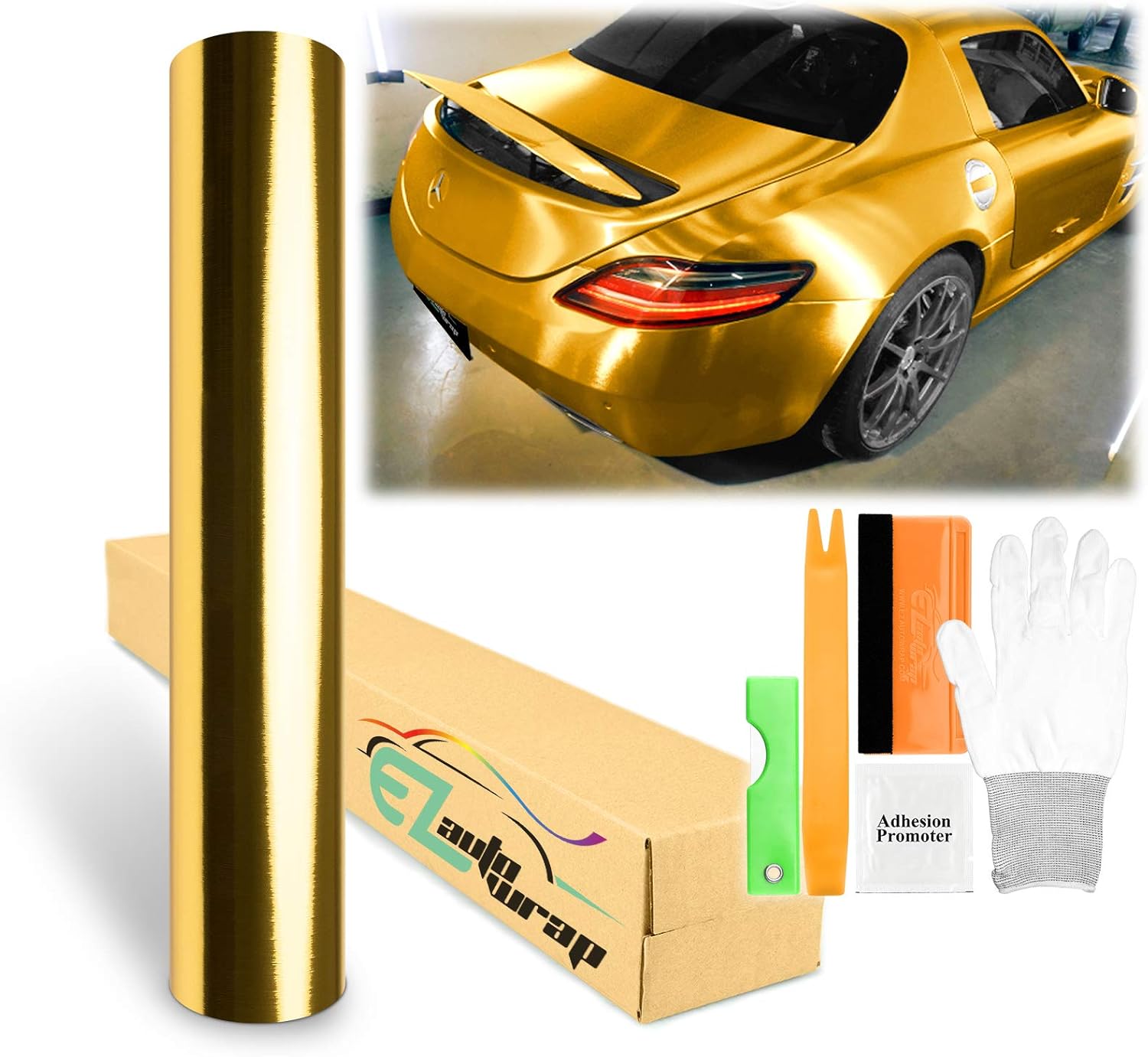 Free Tool Kit EZAUTOWRAP Gold Chrome Brushed Aluminum Car Vinyl Wrap Sticker Decal Sheet Bubble Free - 48"X60" (4FT X 5FT)