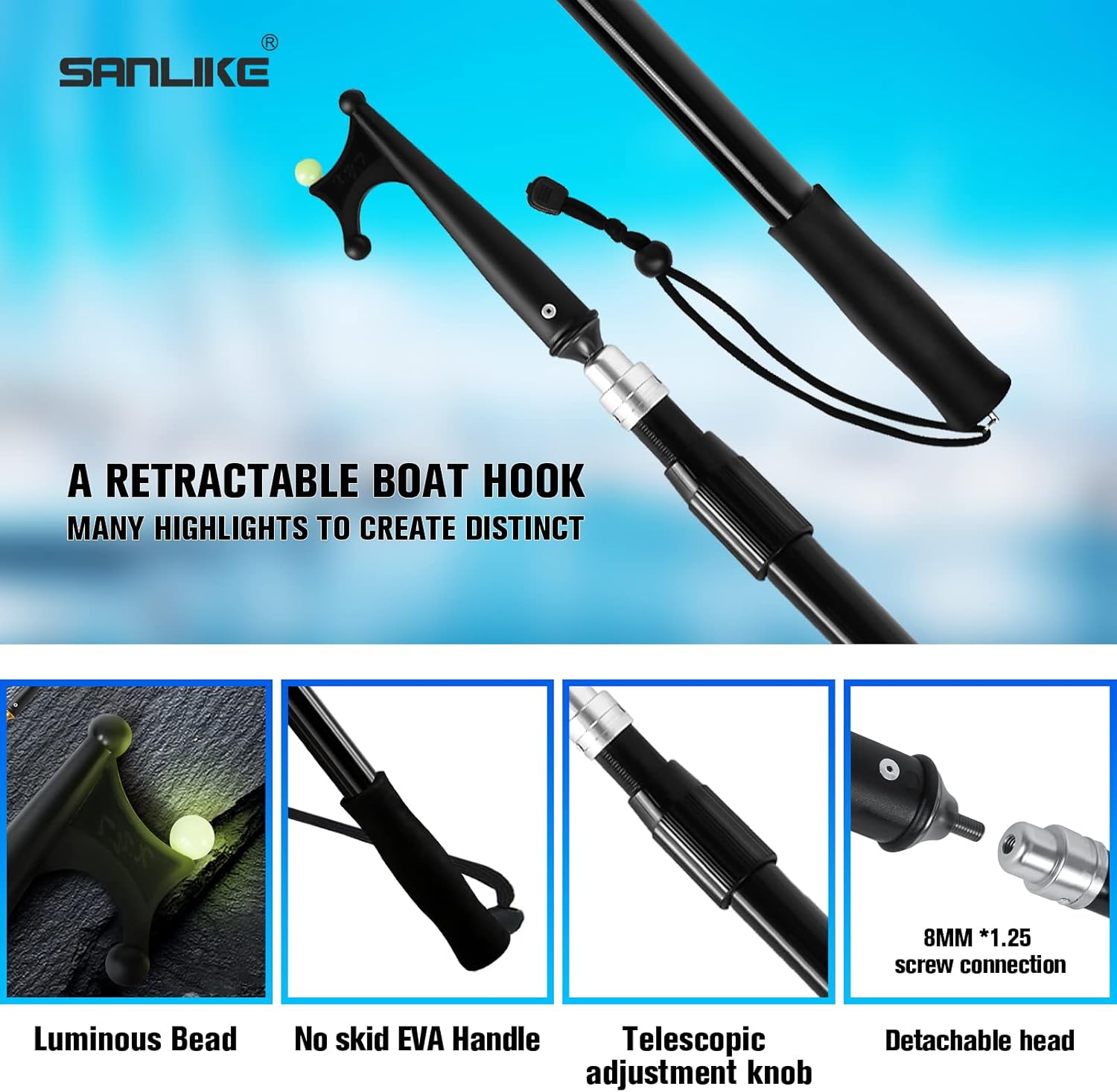 SAN LIKE Boat Hooks for Docking Telescoping Extension Pole Hook with Luminous Bead, Lightweight Floating, Non-Slip Rubber Handle, Durable & Rust-Resistant