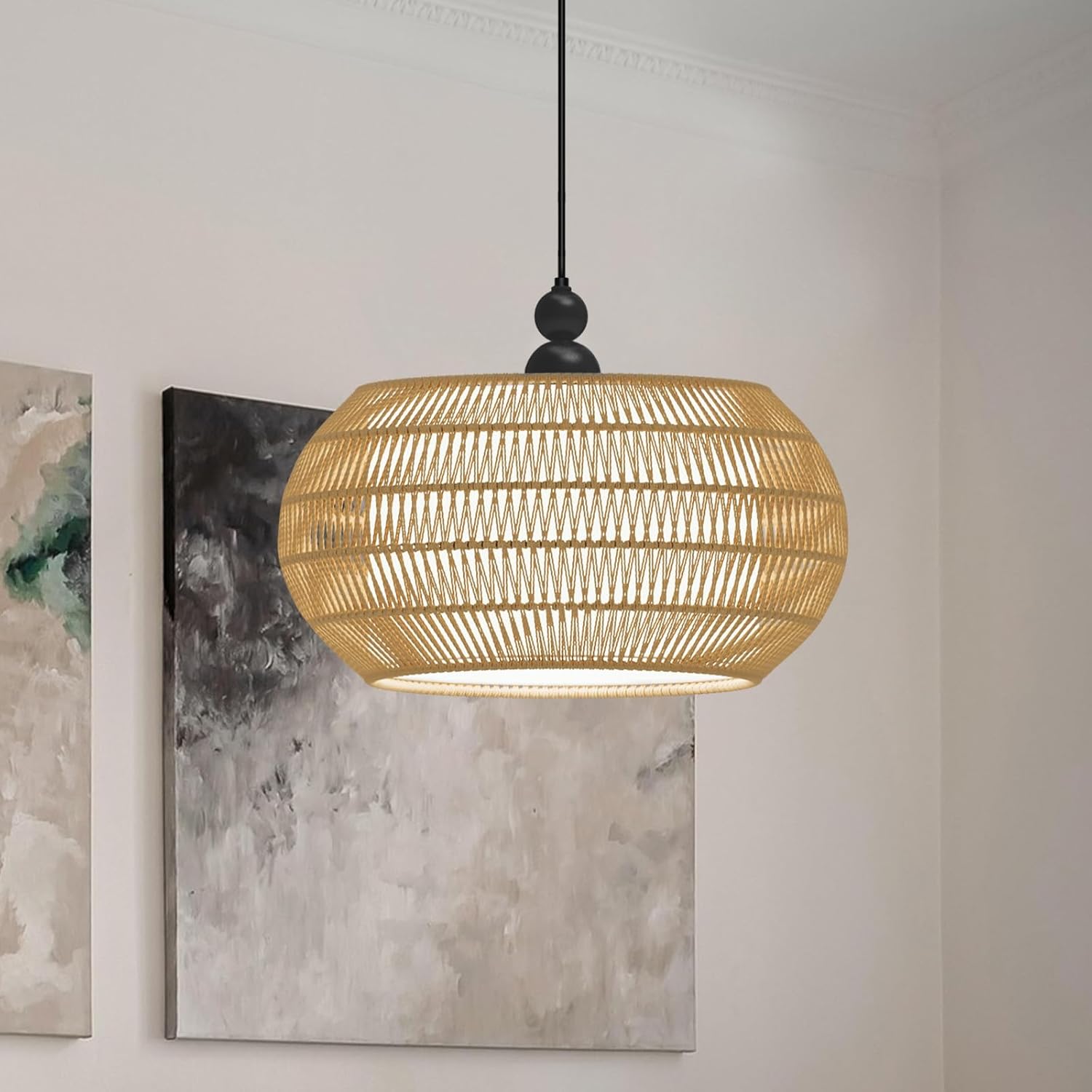 Rattan Pendant Light Chandelier, 13.4 inch Boho Woven Basket, 3-Light Adjustable Height, Modern Dining Room Kitchen Island Lighting (Black)