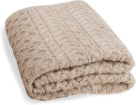 Aran Woollen Mills Aran Classic Cable Knit Wool Blanket, Made in Ireland