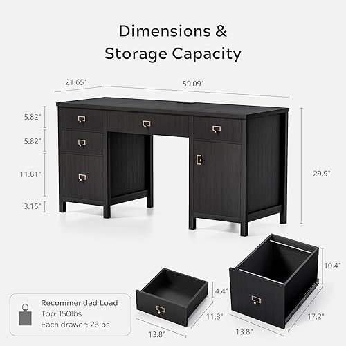 Miniatura 2 de Escritorio ejecutivo de 59 pulgadas con gabinete de archivos, escritorio moderno para computadora con estación de carga, bandeja para teclado,