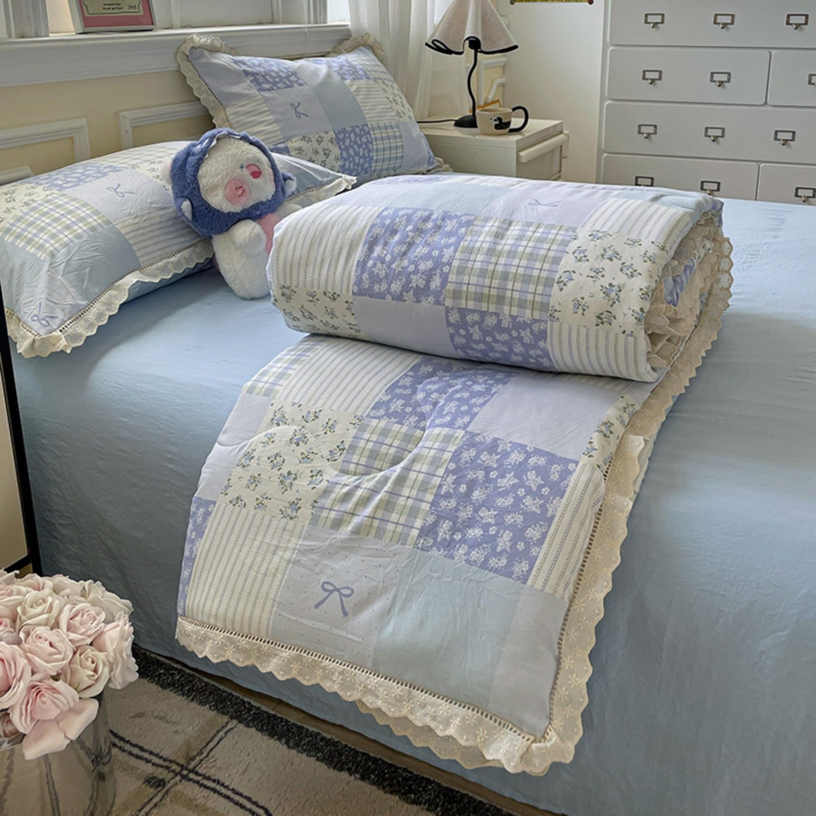 Odot Coverless Duvet 4.5 Tog for Single Double King Size, Summer Cotton Duvet No Cover Cosy and Lightweight Quilt Breathable Bedspreads Quilted Throw for Beds (Blue patchwork,150 * 200cm)