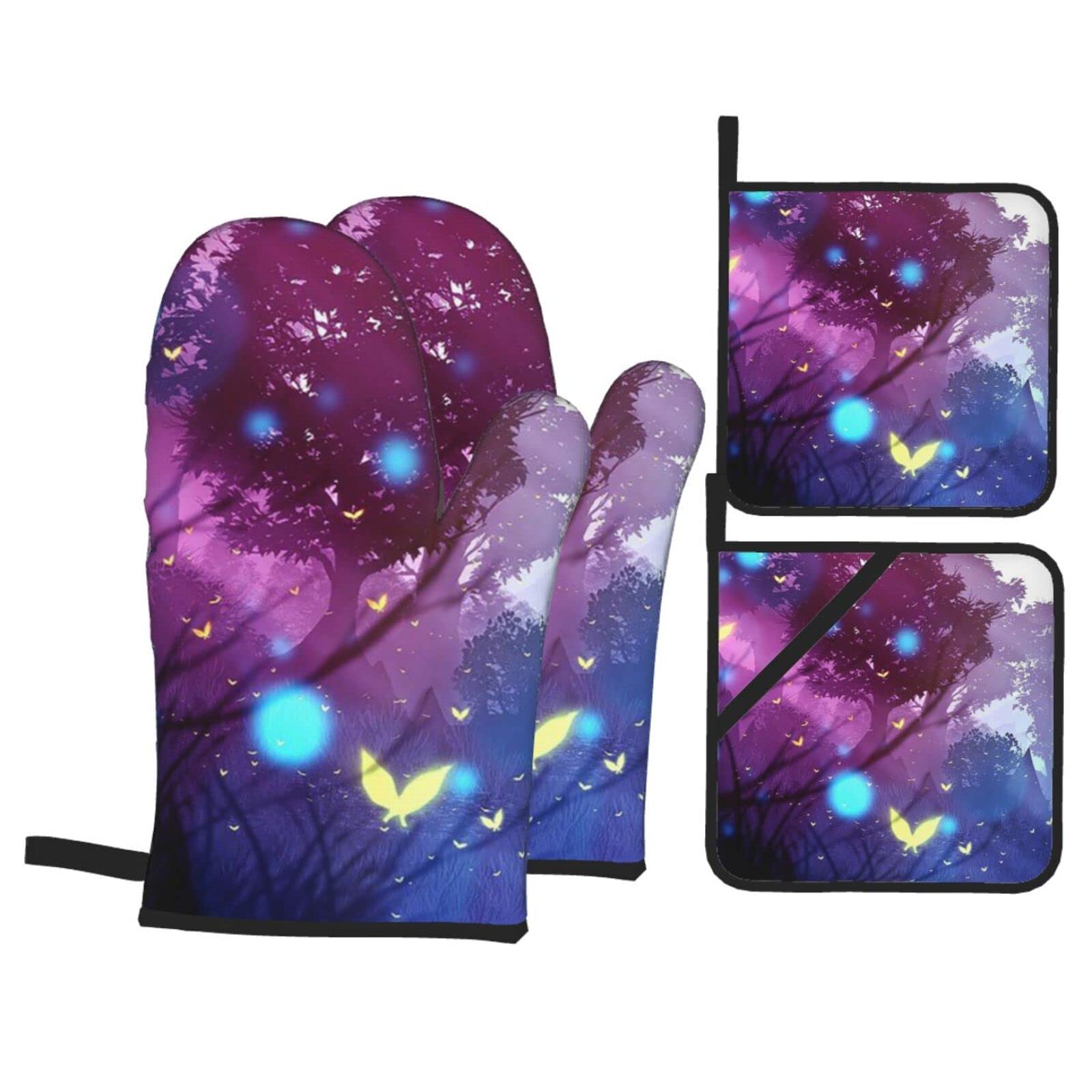 Oven Mitts and Pot Holders Set Forest Galaxy Non-Slip Kitchen Cooking Gloves for Grill Baking Microwave Barbecue (4Pcs Set)