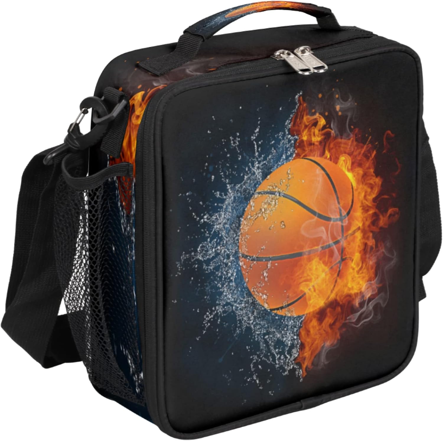 Pardick Basketball Kids Lunch Box Burning Basketball Insulated Lunch Bag Tote for Girls Boys, Cooler Freezable Meal Prep Bag with Shoulder Strap Waterproof Lunch Container for School Office Picnic