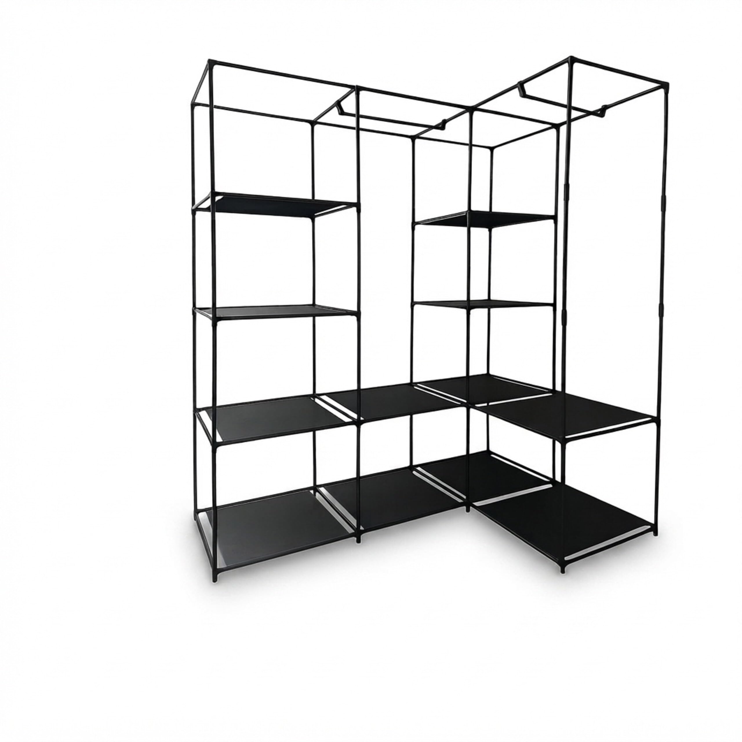 Relaxdays Armoire d'angle, H x L x P : 170 x 130 x 41 cm, 2 Barres de Suspension, 12 étagères, Acier, Tissu, Noir