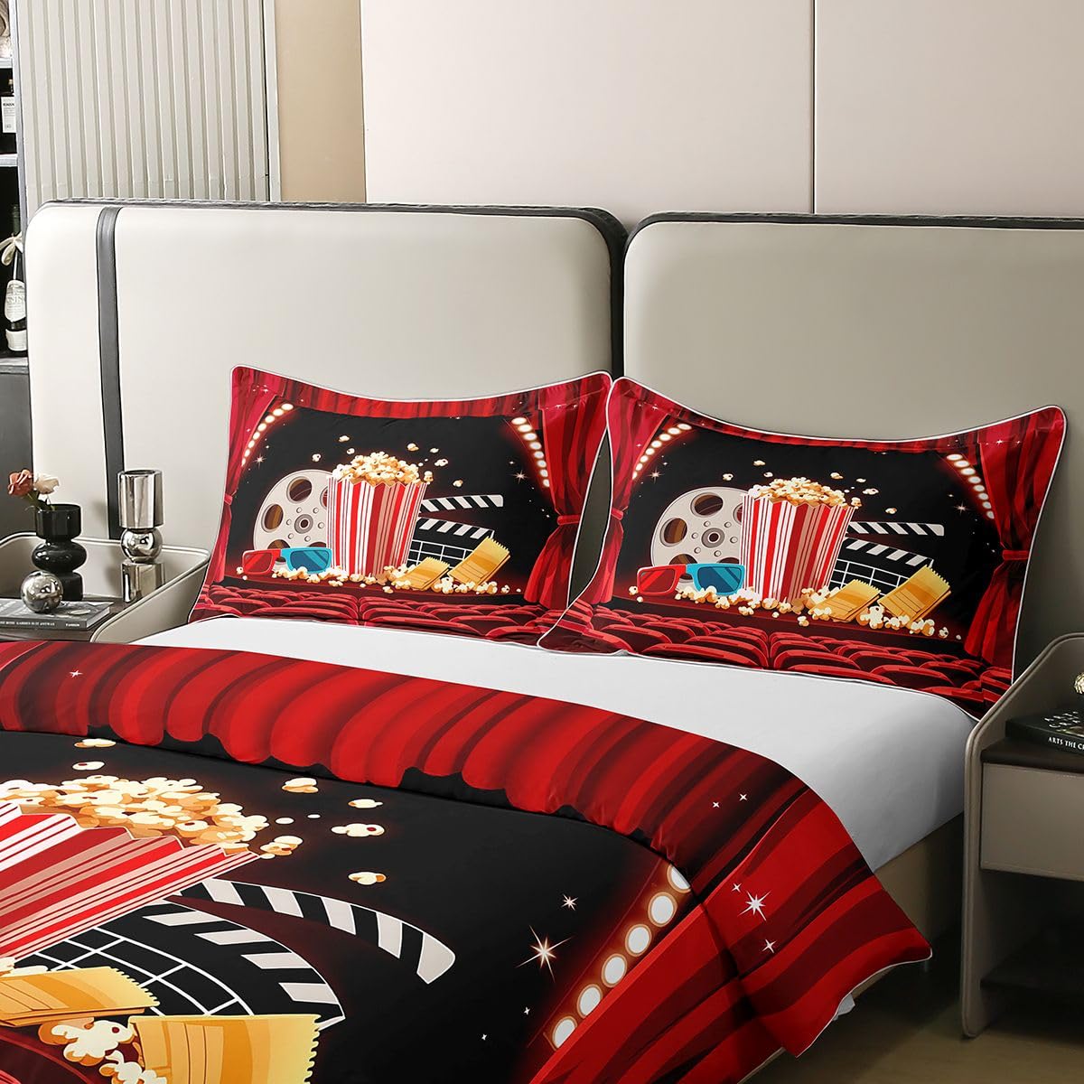 Loussiesd Set di biancheria da letto con copripiumino a tema cinema, 100% cotone, per ragazzi e ragazze, con stampa popcorn, 3 pezzi, chiusura a cerniera, con 2 federe