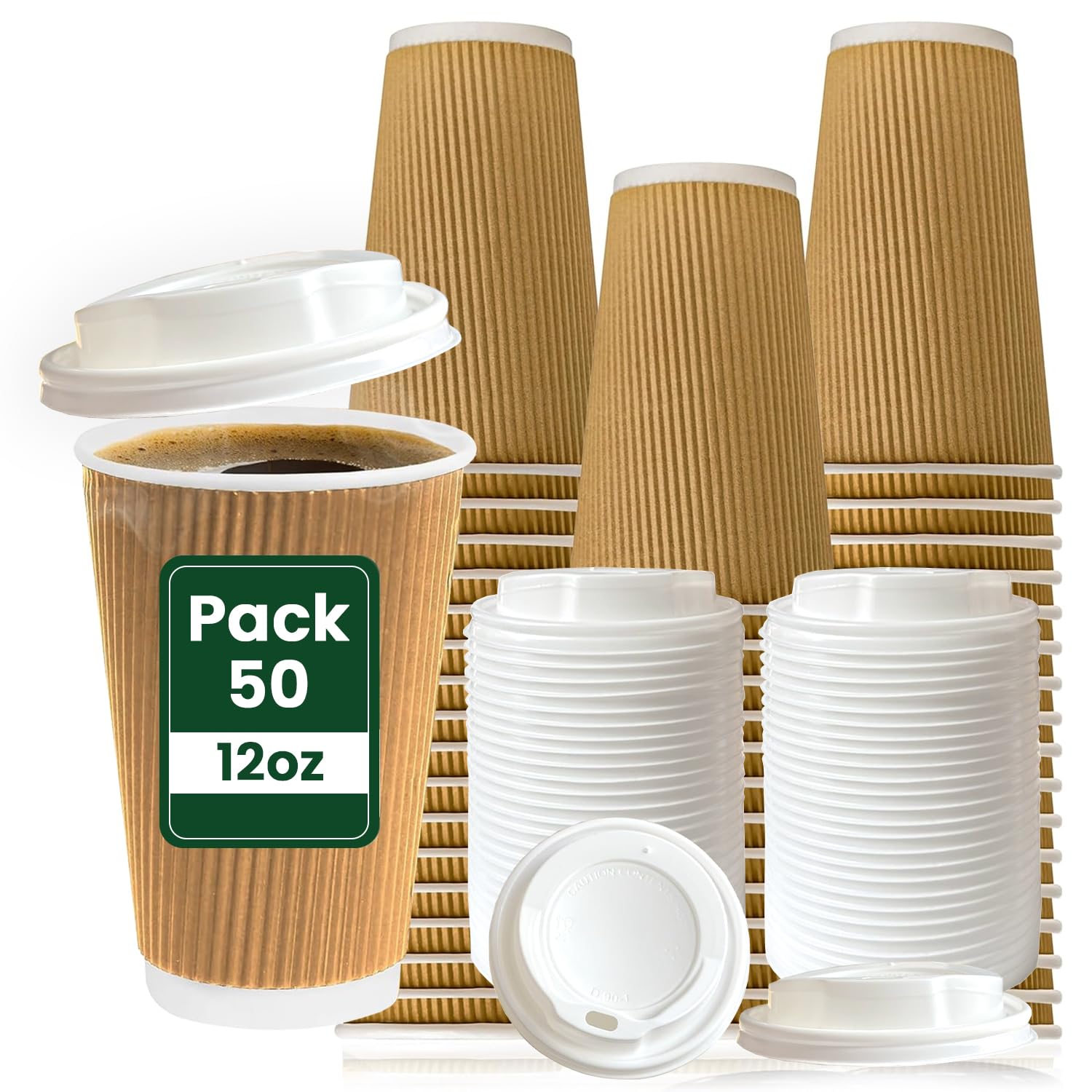 ECONX 50 Pack 12oz Takeaway Coffee Cups with Lids Triple Walled Ripple Disposable Coffee Cups Insulated Brown for Hot and Cold Drinks Coffee Paper Cups for Coffee Tea