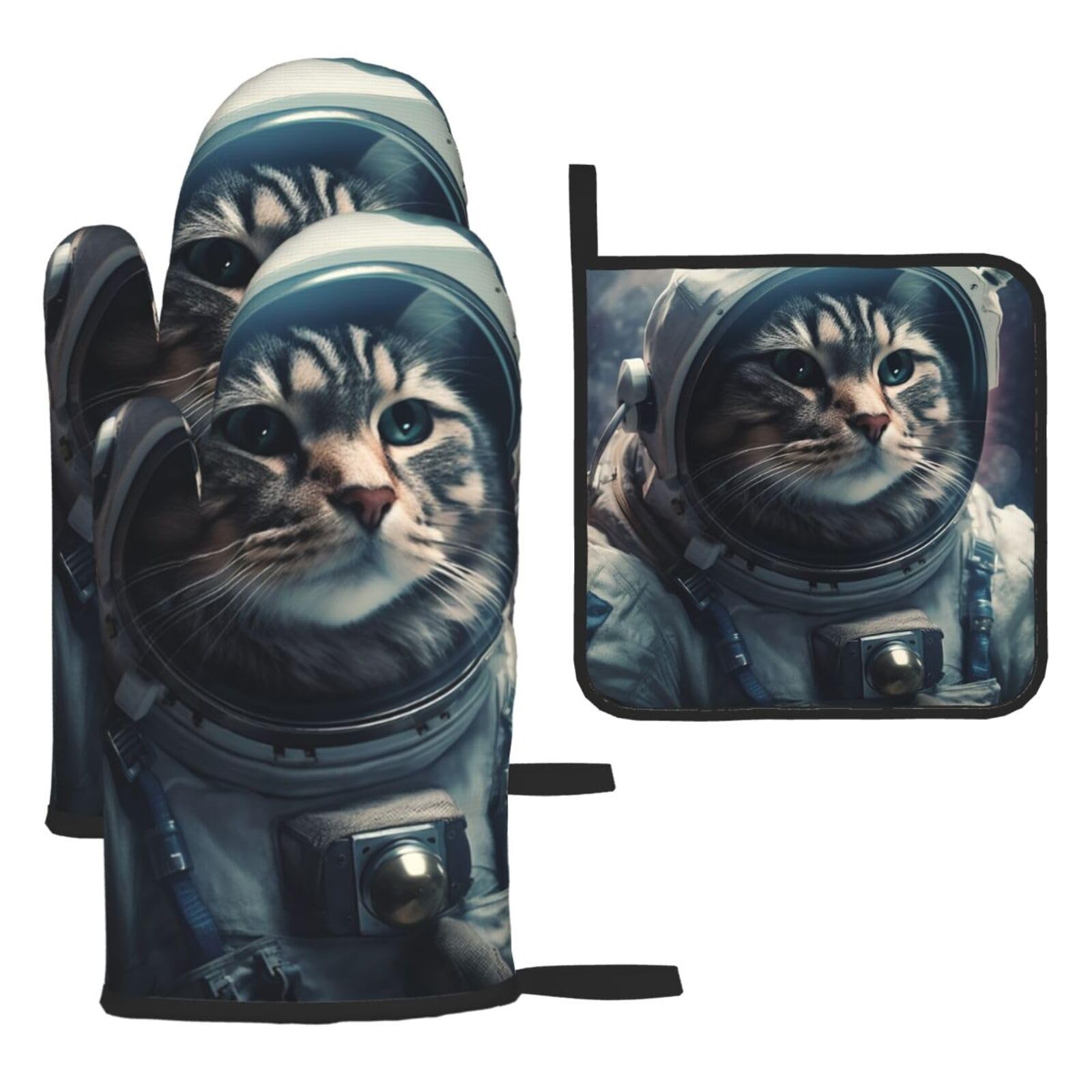 3 Piece Oven Mitts and Pot Holders Set Heat Resistant Oven Gloves and Potholders BBQ Gloves Hot Pads Astronaut cat in Space Cooking Gloves for Kitchen Baking Grilling