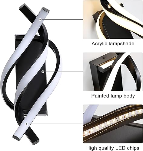 Vista 14 de DELIPOP Apliques de pared, moderno aplique de pared LED en espiral, 6500 K, luz blanca fría para interiores, lámpara de pared LED acrílica