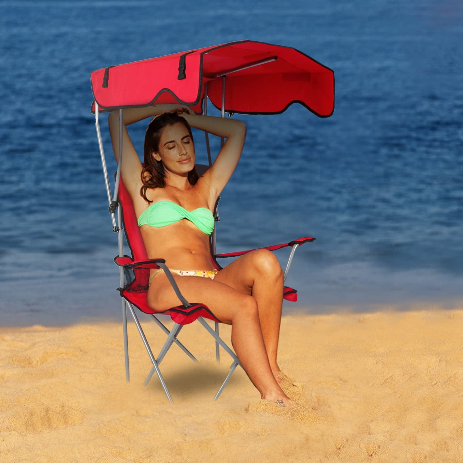 TeqHome Camp Chair with Shade Canopy, Heavy Duty Folding Camping Lawn Chair with Cup Holder, UPF 50+ Sun Protection Portable Beach Lounge Chair for Outdoor Sports Support 330 LBS (Red)
