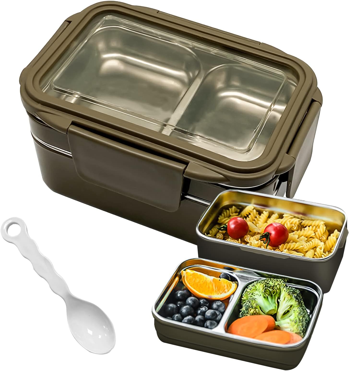 UCHUANG Bento Lunch Box for Adults & kids, Reusable Stainless Steel Meal Box, Leakproof Food Storage Containers with 2 Layers Divders,Suitable Freezer Dishwasher,Healthy Lunches & Snacks - Green