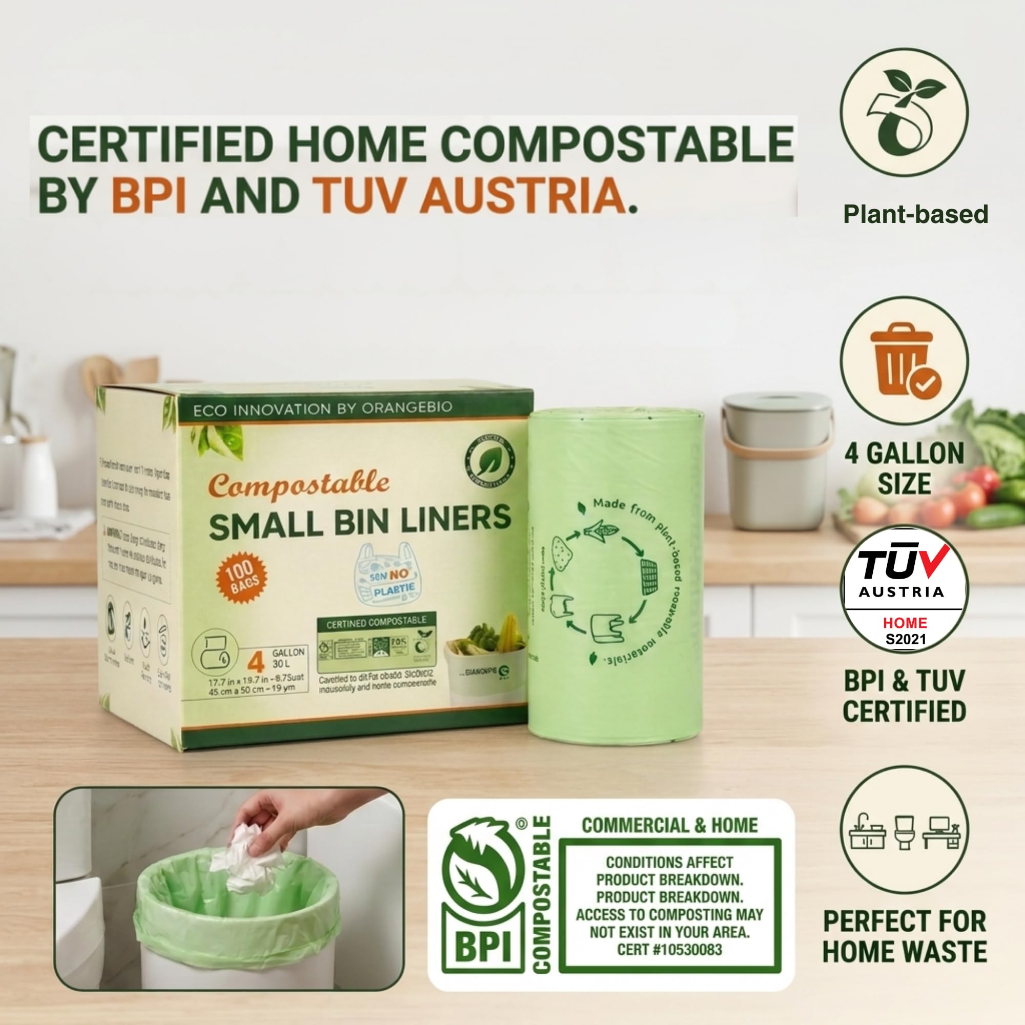 OrangeBio Kompostierbare Müllbeutel, 100 Stück, lebensmittelecht, pflanzlich, biologisch abbaubar, auslaufsicher, reißfest, US BPI ASTM D6400 und OK Compost Home zertifiziert