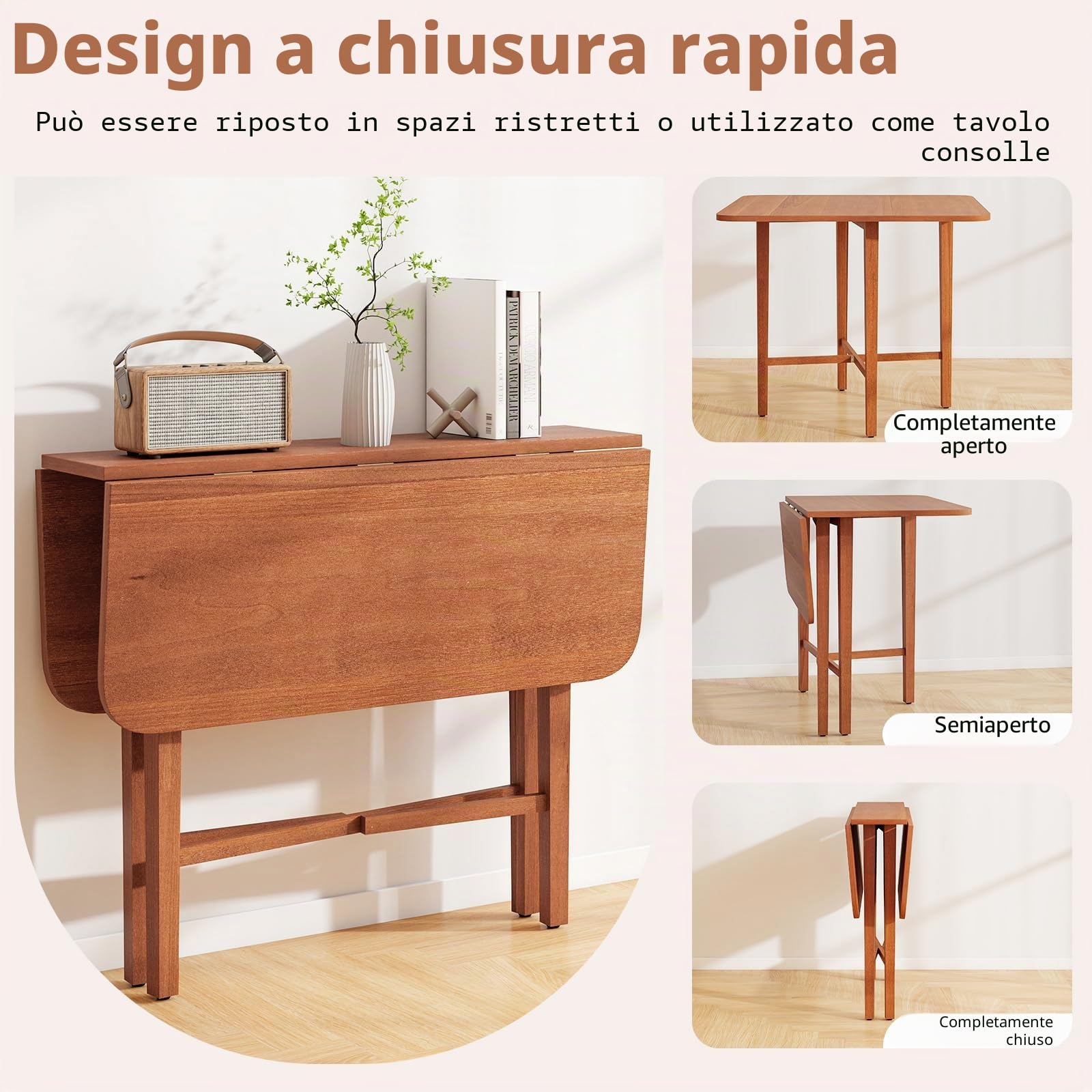 LIFEZEAL Tavolo da Pranzo a 4 Posti, Tavolo da Cucina, Piano Pieghevole, Moderno, Salvaspazio, 90x90cm, Quadrato, con Gambe in Legno Massello, per Soggiorno, Sala, Ristorante, Max 80kg, Marrone