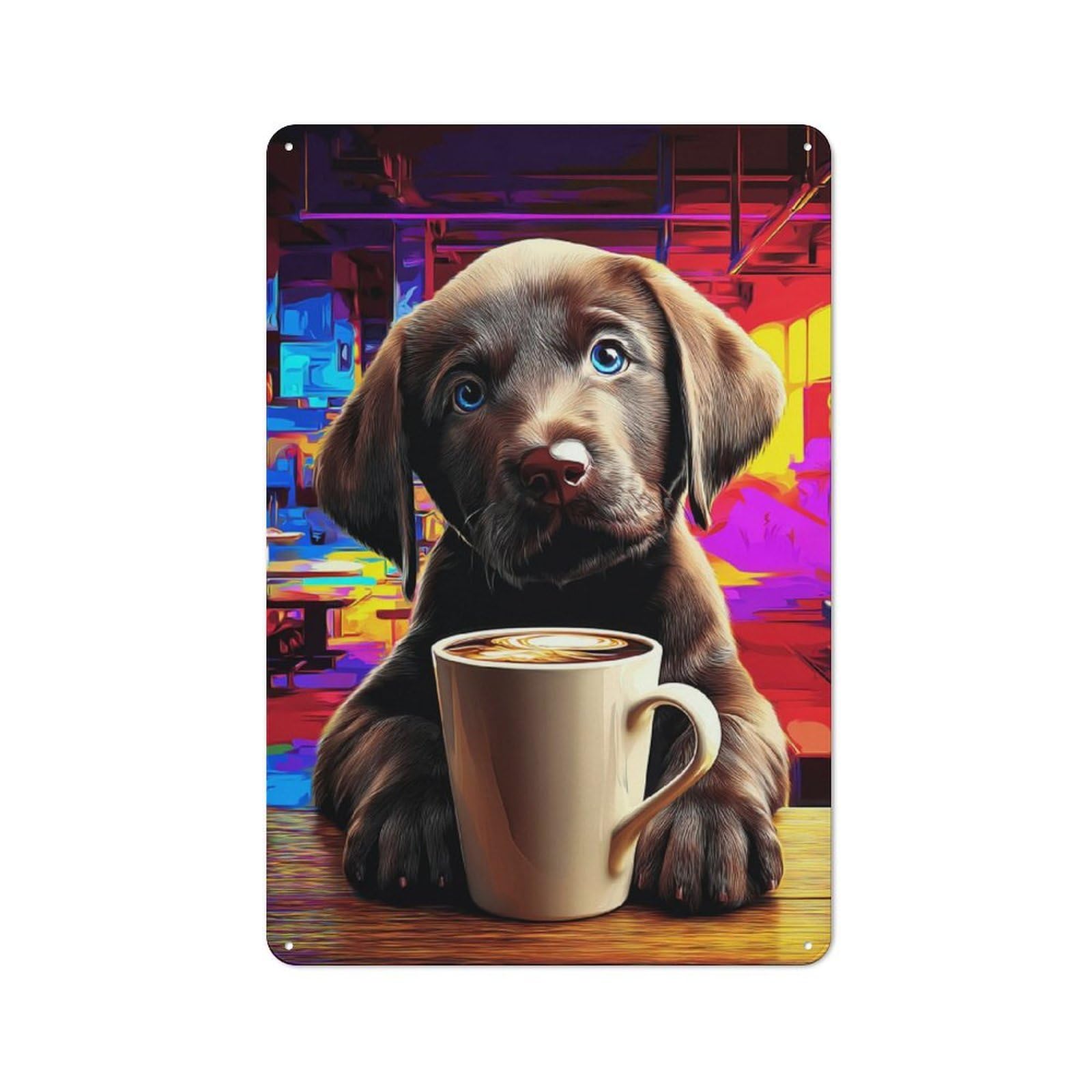 Junmoney Charming Puppy With Coffee Mug Vintage Tin Sign 30X20cm With For Living Room Or Hallway, For Living Room Decor Lovers