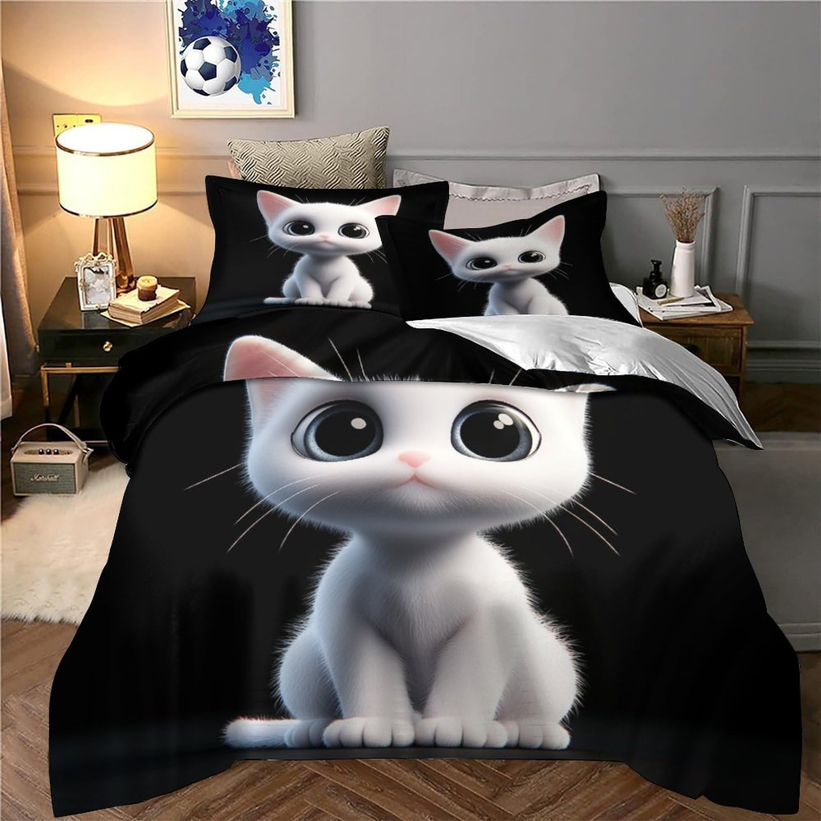 Gattino carino 3D Stampa Coperteletto 3pz Microfibra Leggera Fumetto digitale Coperta Letto 2 federe Antimacchia Adolescenti Adulti Giovani Super king（260x220cm）