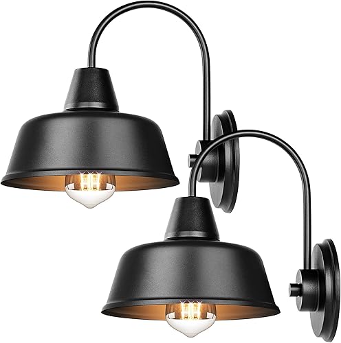 Paquete de 2 lámparas de pared para exteriores, luz de granero de cuello de cisne de granja, apliques de pared exterior industrial negros con