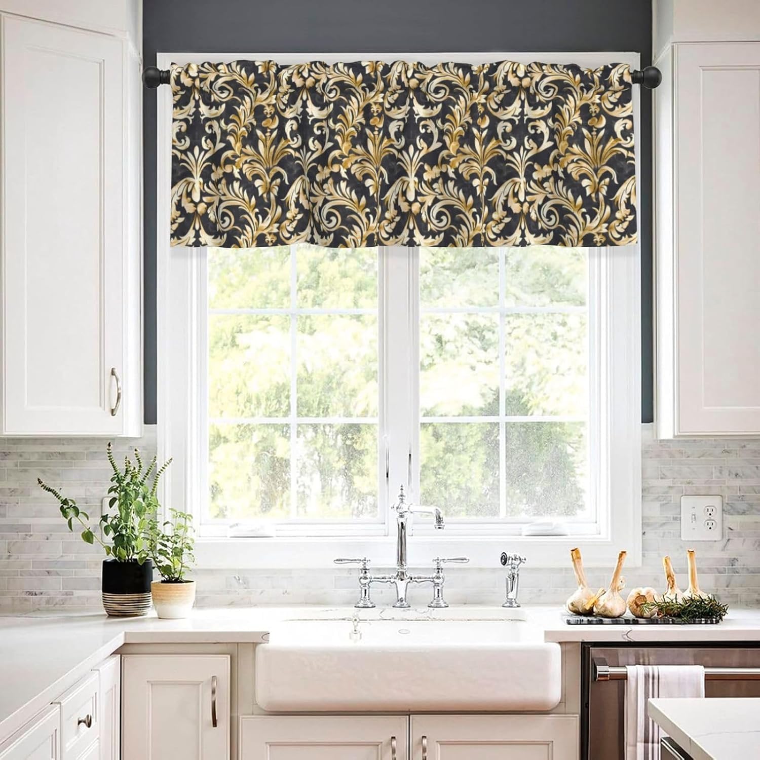 Valance for Windows Vintage Gold Flower Kitchen Curtains Valances Rod Pocket Print Window Treatment Short Topper Curtains for Living Room Bedroom Bathroom 1 Panel 54x18inch