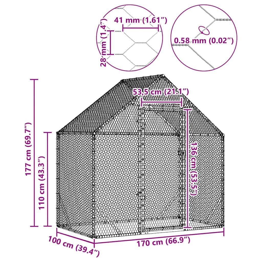 Hühnerkäfig Silber verzinkter Stahl 170 x 100 x 177 cm robust wetterfest für Garten Outdoor Nagerkäfig Kleintierstall Hasenstall Meerschweinchenkäfig Freigehege mit sicherem Auslauf