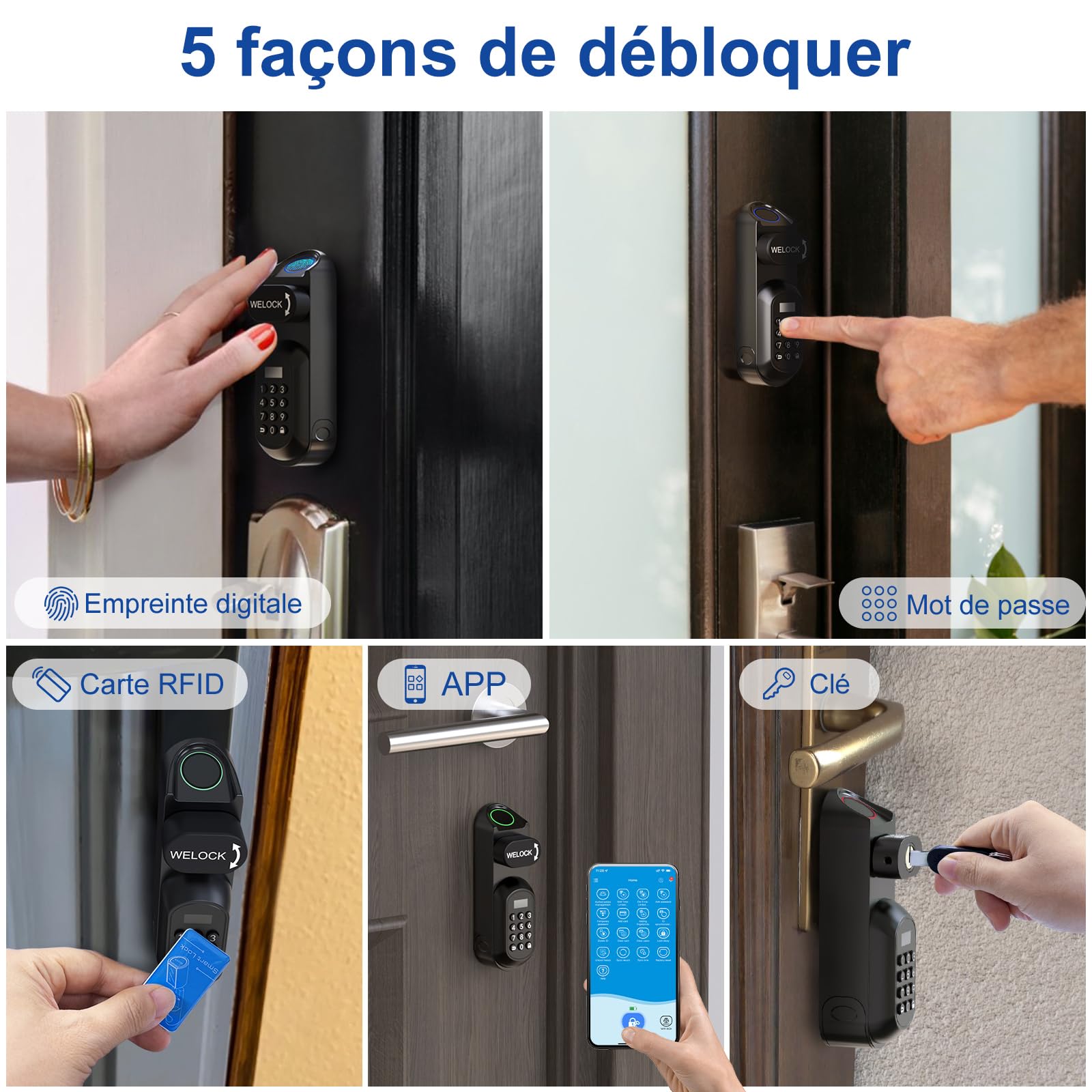 RUILON U81 Serrure connectée à code 30x30 - Cylindre empreinte digitale | Serrure biometrique avec 3 cartes RFID 2 clés, portes 50-95 mm, Facile à installer, Code temporaire, Airbnb Maison Chambre