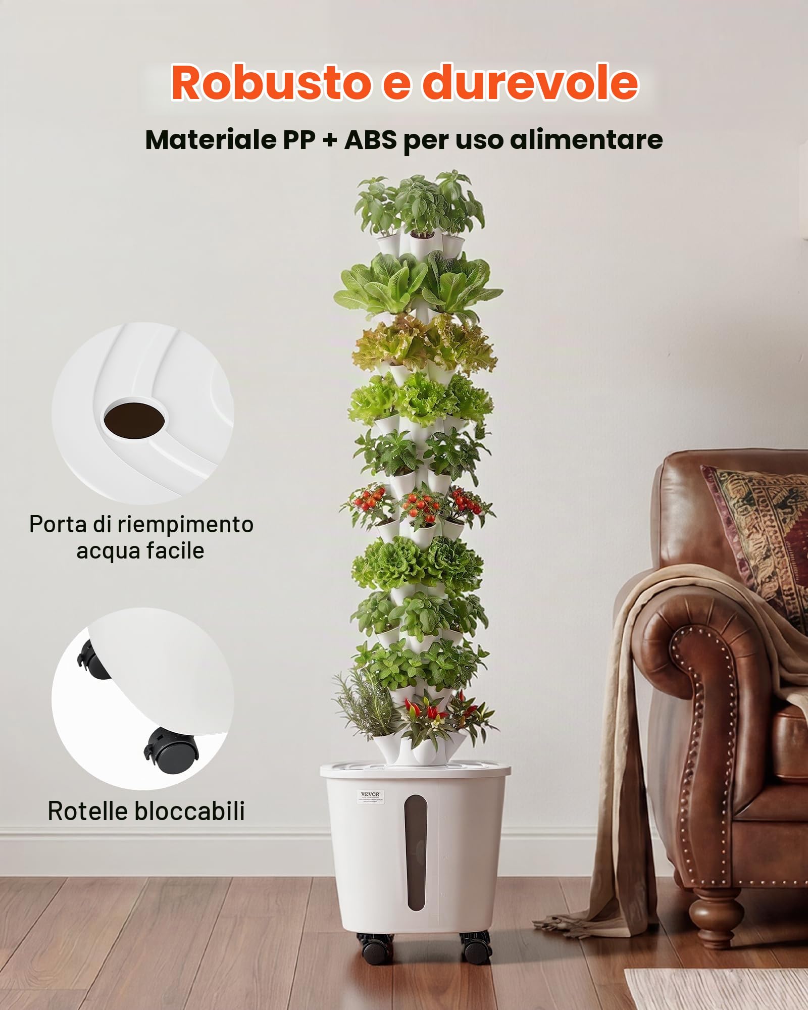 VEVOR Torre idroponica, 50 Pods, Hydrotower a 10 Livelli, Kit di Sistema di Coltivazione idroponica con Controllo App, Ruote, Serbatoio dell'Acqua da 20 Litri e Pompa, Torre idroponica per Erbe