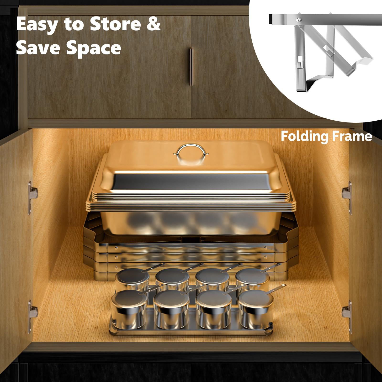 Rovsun Warmhaltebehälter Essen aus Edelstahl 9 L, Chafing Dish 60x36x30 cm, Speisenwärmer Speisebehälter,Wärmebehälter Buffet Wärmer Rechaud mit Rollrand & faltbaren Gestell 4pc