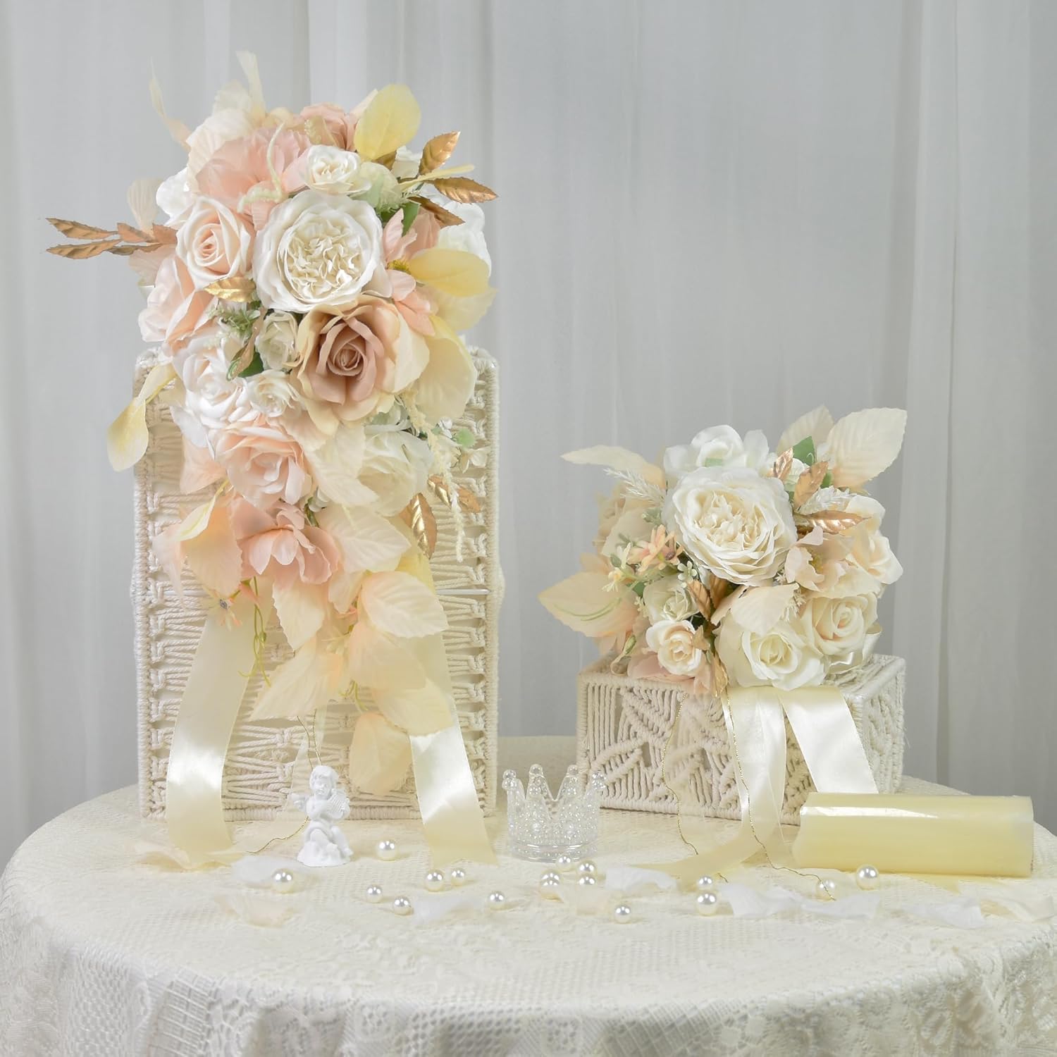 Wedding Bouquets for Bride & 4 Bridesmaids (Pack of 5) - 1pcs 20in Bride Bouquet & 4pcs 8in Bridesmaid Bouquets Vintage Beige Artificial Flower