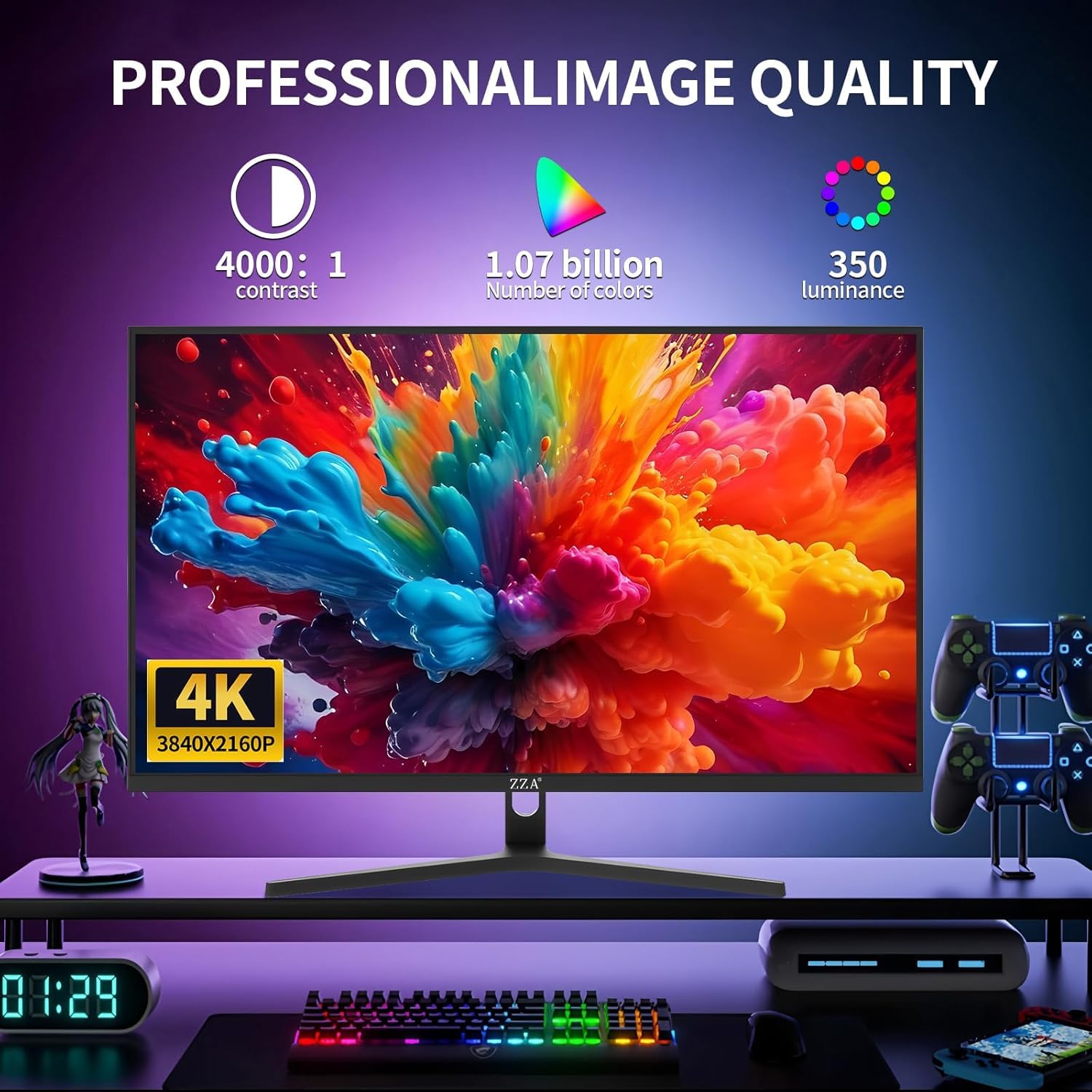ZZA Display curvo 4K UHD 60Hz 32" (curva 3000R, pannello VA, 99% sRGB, AMD FreeSync), monitor per computer con porte HDMI/DP, supporto VESA, per home office e intrattenimento