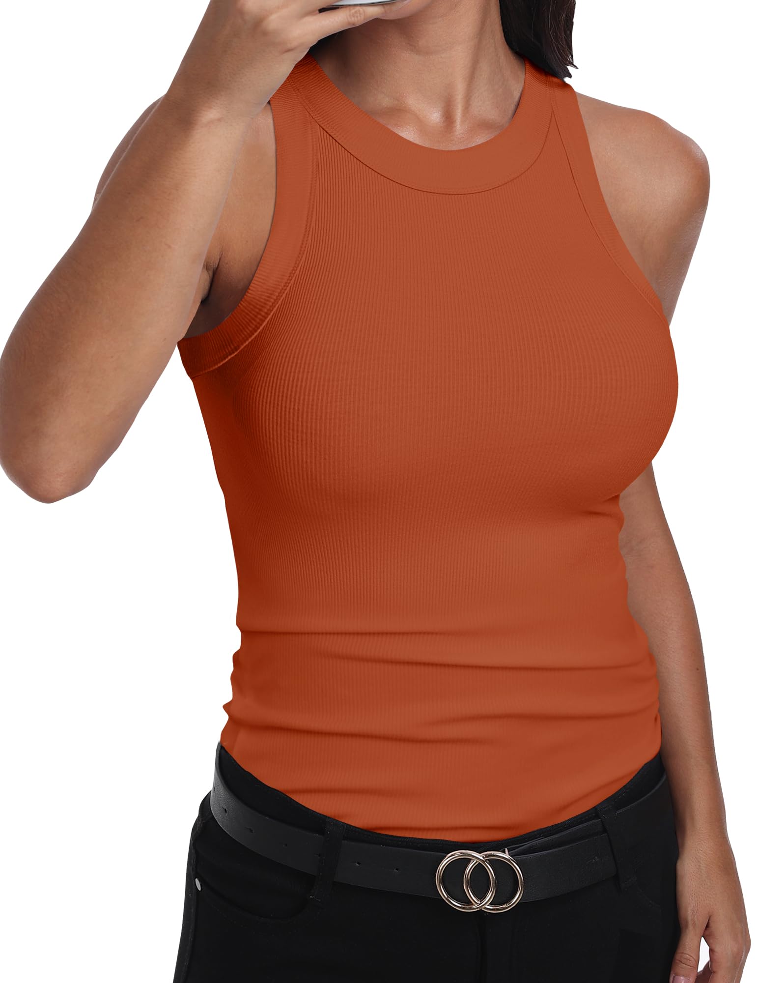 GEMBERA Womens Sleeveless Racerback High Neck Casual Basic Cotton Ribbed Fitted Tank Top