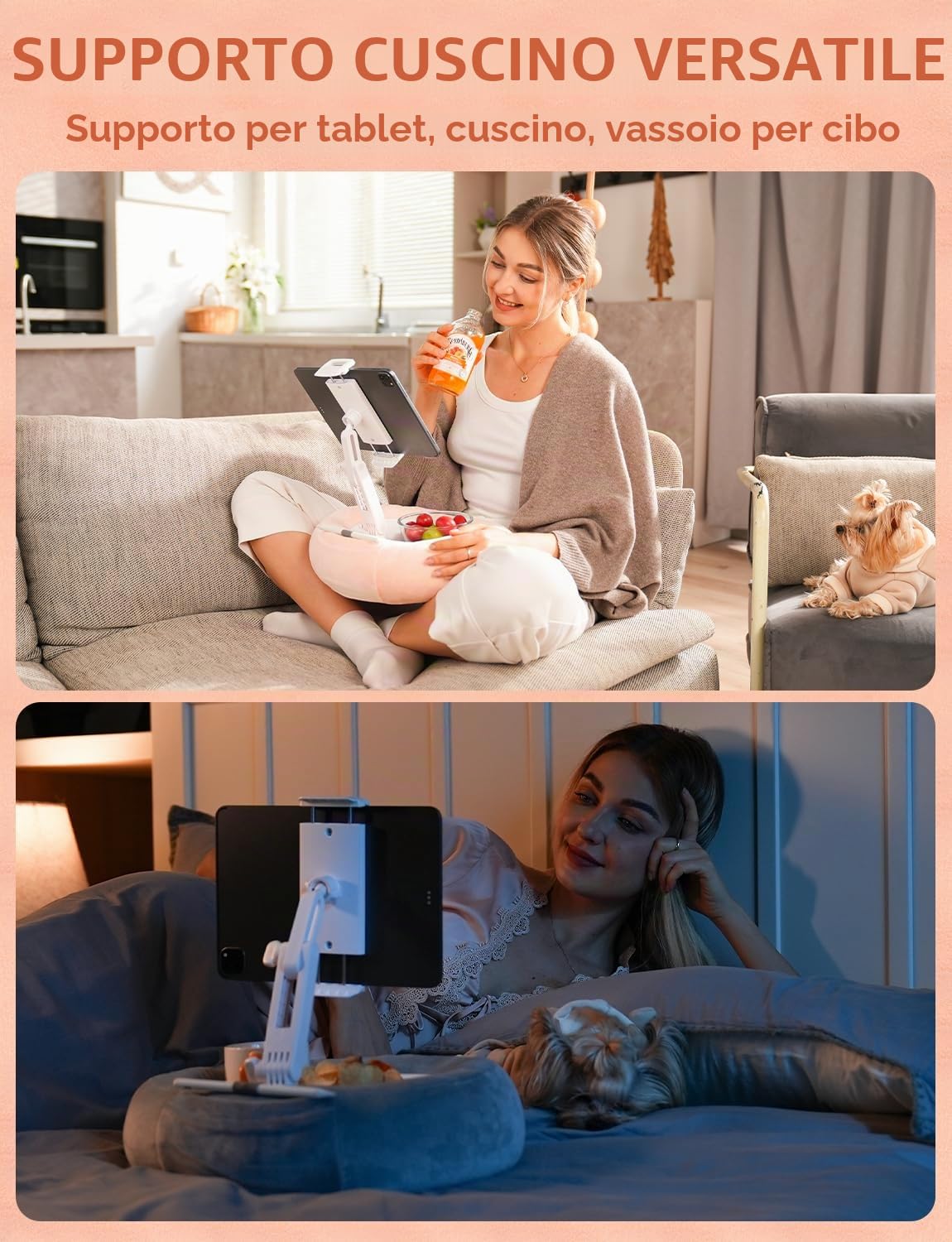 Supporto per Tablet e Leggio a Cuscino per E-Reader con 2 Vassoi Rimovibili & Cuscino Morbido in Peluche per Letto/Grembo, compatibile con iPad/Kindle/Kobo/iPhone/Android/Altri Dispositivi 4,7–16.1"