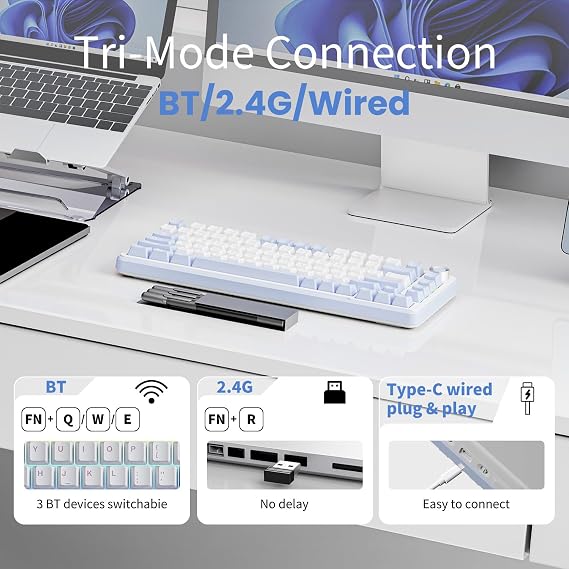 SEUNKWANG EWEADN GS75 Wireless Mechanical Keyboard ASMR, 75% Gaming Keyboard Gasket Hot Swappable Custom Keyboards with RGB, Knob, PBT Keycaps BT5.0/2.4G/USB-C Creamy Keyboards Blue & White