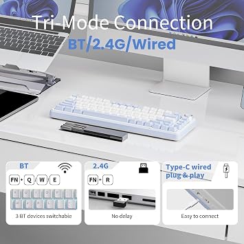 SEUNKWANG EWEADN GS75 Wireless Mechanical Keyboard ASMR, 75% Gaming Keyboard Gasket Hot Swappable Custom Keyboards with RGB, Knob, PBT Keycaps BT5.0/2.4G/USB-C Creamy Keyboards Blue & White