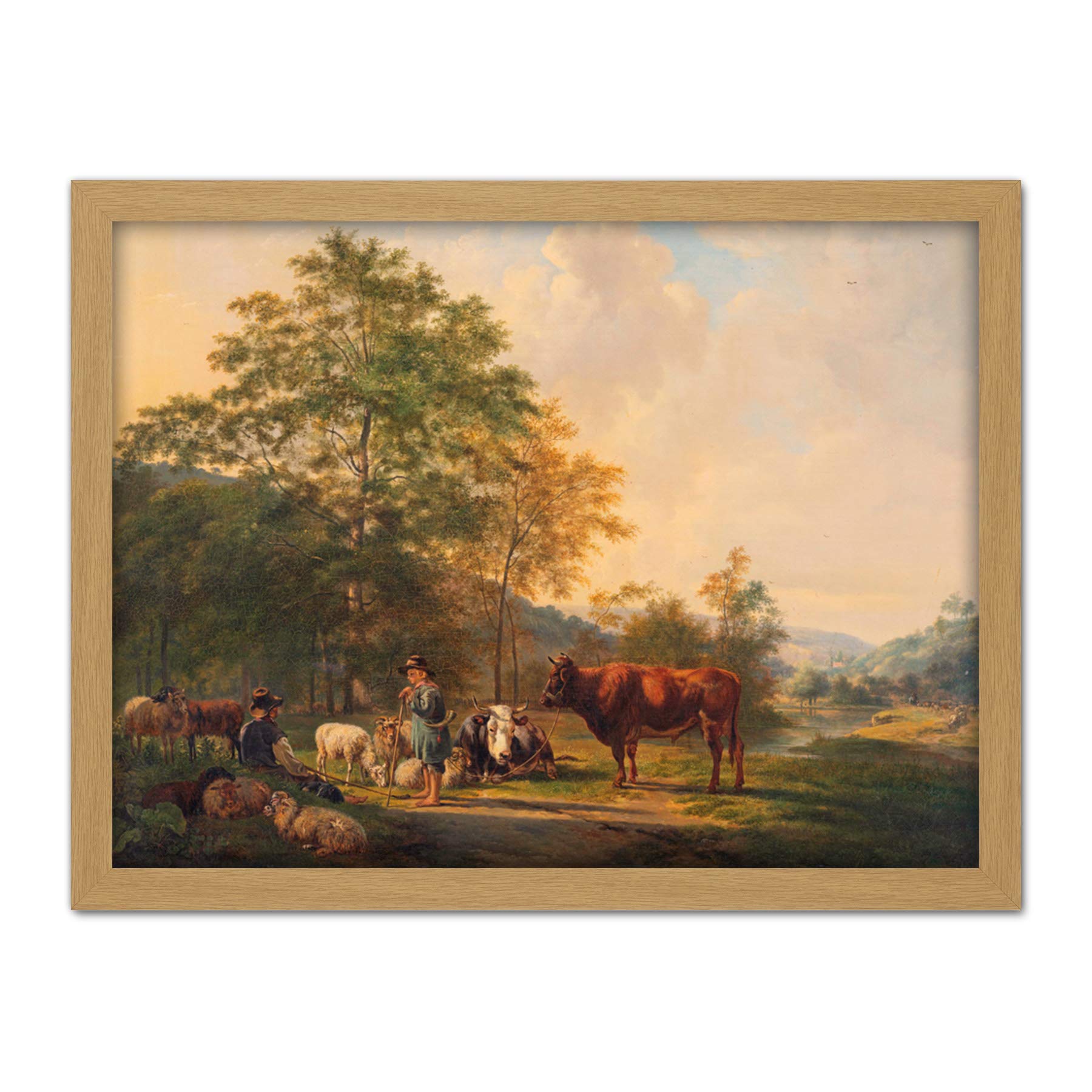 Artery8 Van Os Hilly Landscape Shepherd Cattle Painting Artwork Framed Wall Art Print 18X24 Inch