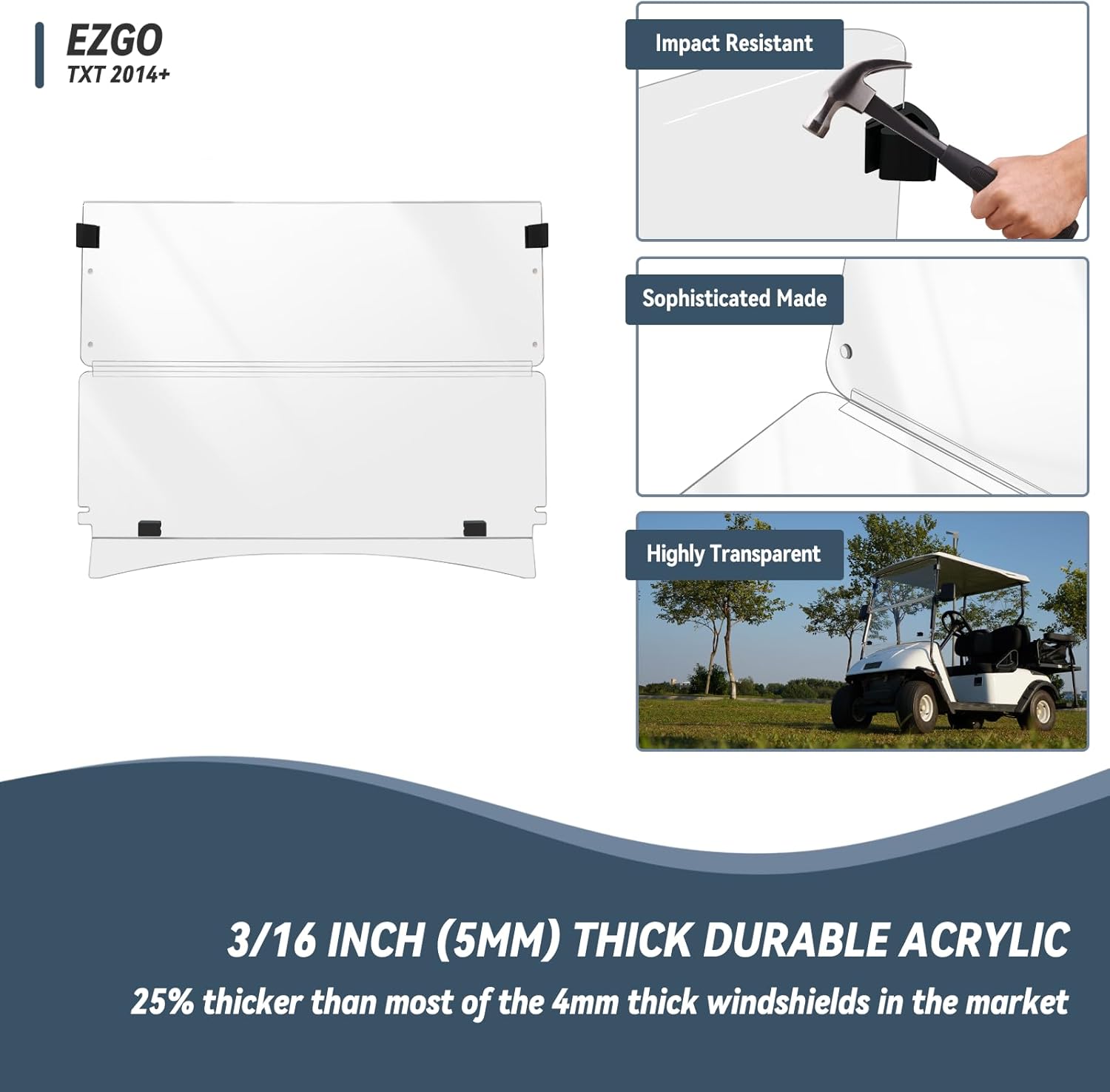 Golf Cart Windshield for EZGO/Club Car DS/Precedent/Yamaha Gas & Electric Models, 5MM Thicken Foldable, Clear Highly Transparent and Impact Resistant Acrylic