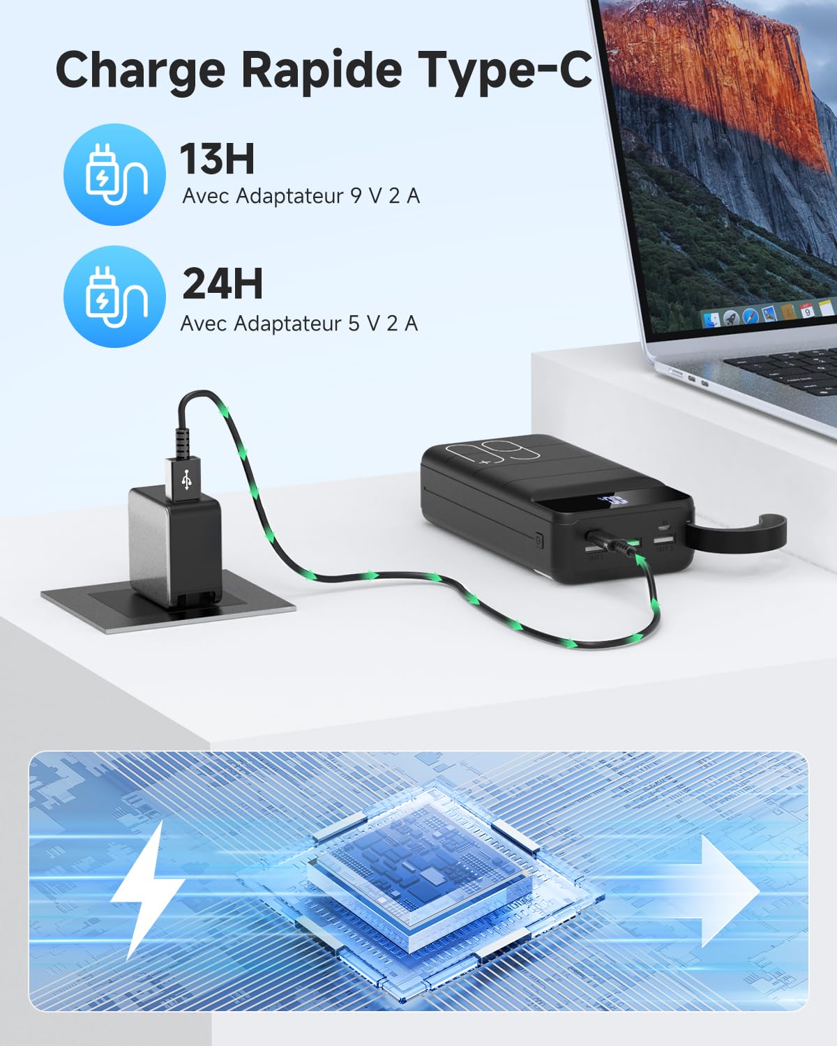 60000mAh Batterie Externe Charge Rapide, 22,5W Power Bank Chargeur Portable avec Écran LED, 4 Sorties et 2 Entrées Compatibles avec Smartphone, Tablettes, etc （Noir）